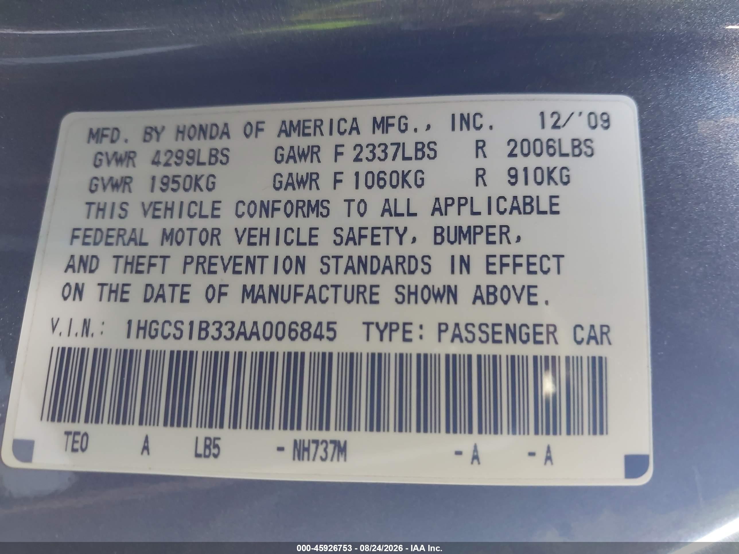 2010 Honda Accord 2.4 Lx-s Gray vin: 1HGCS1B33AA006845