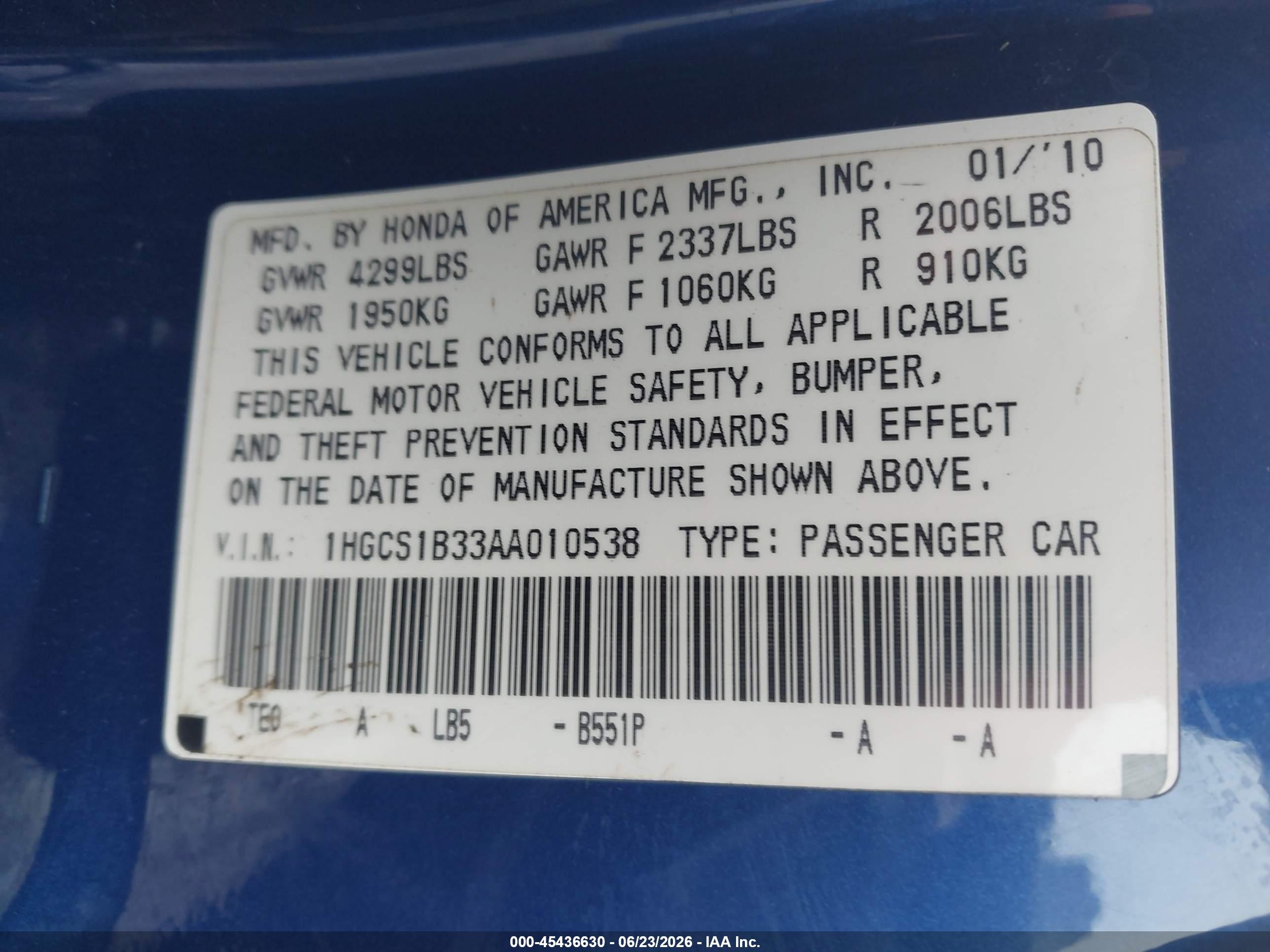 2010 Honda Accord 2.4 Lx-s Blue vin: 1HGCS1B33AA010538