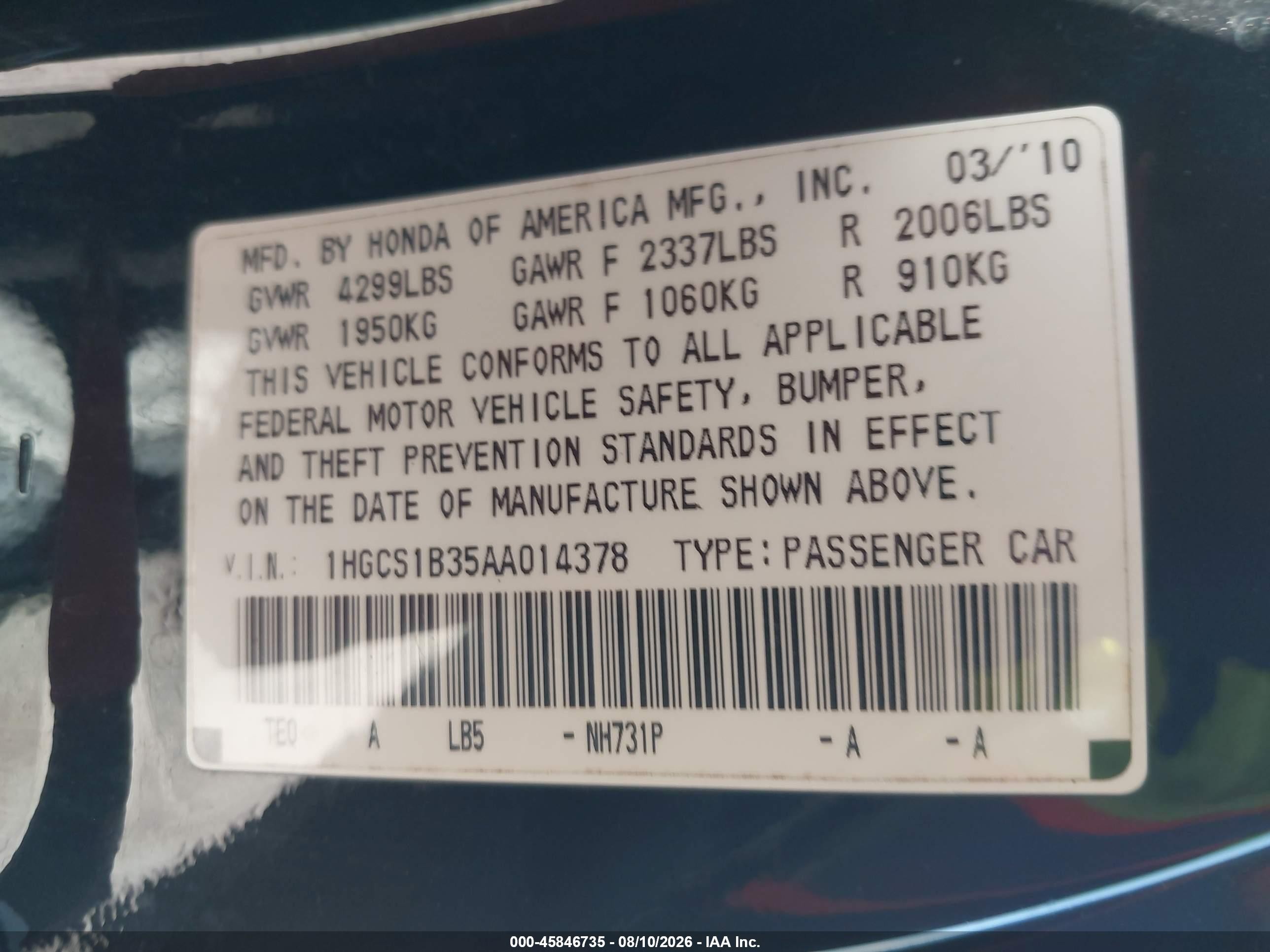 2010 Honda Accord 2.4 Lx-s Black vin: 1HGCS1B35AA014378