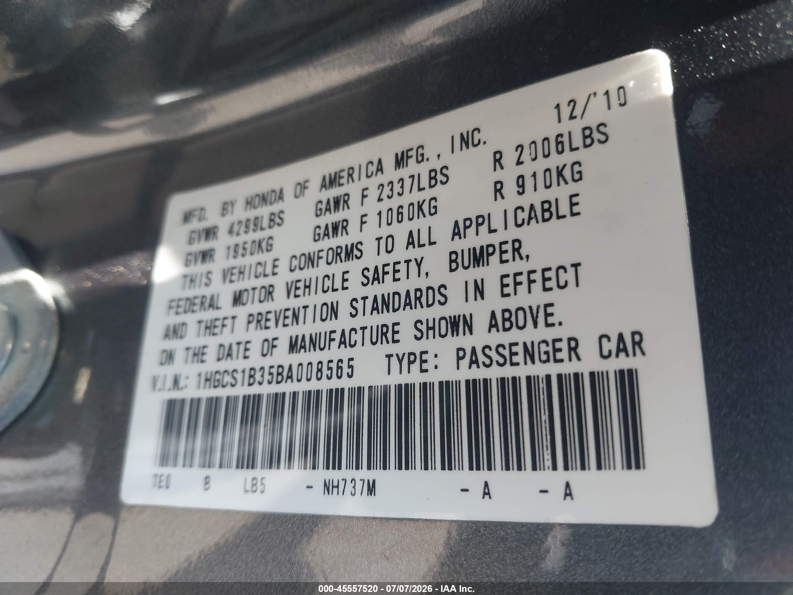 2011 Honda Accord 2.4 Lx-s Gray vin: 1HGCS1B35BA008565