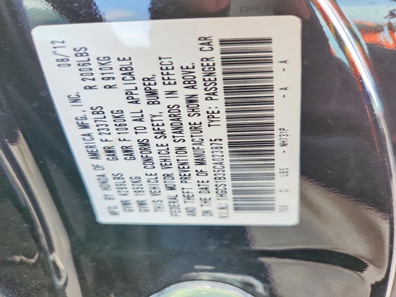 2012 Honda Accord Lx Black vin: 1HGCS1B35CA023875
