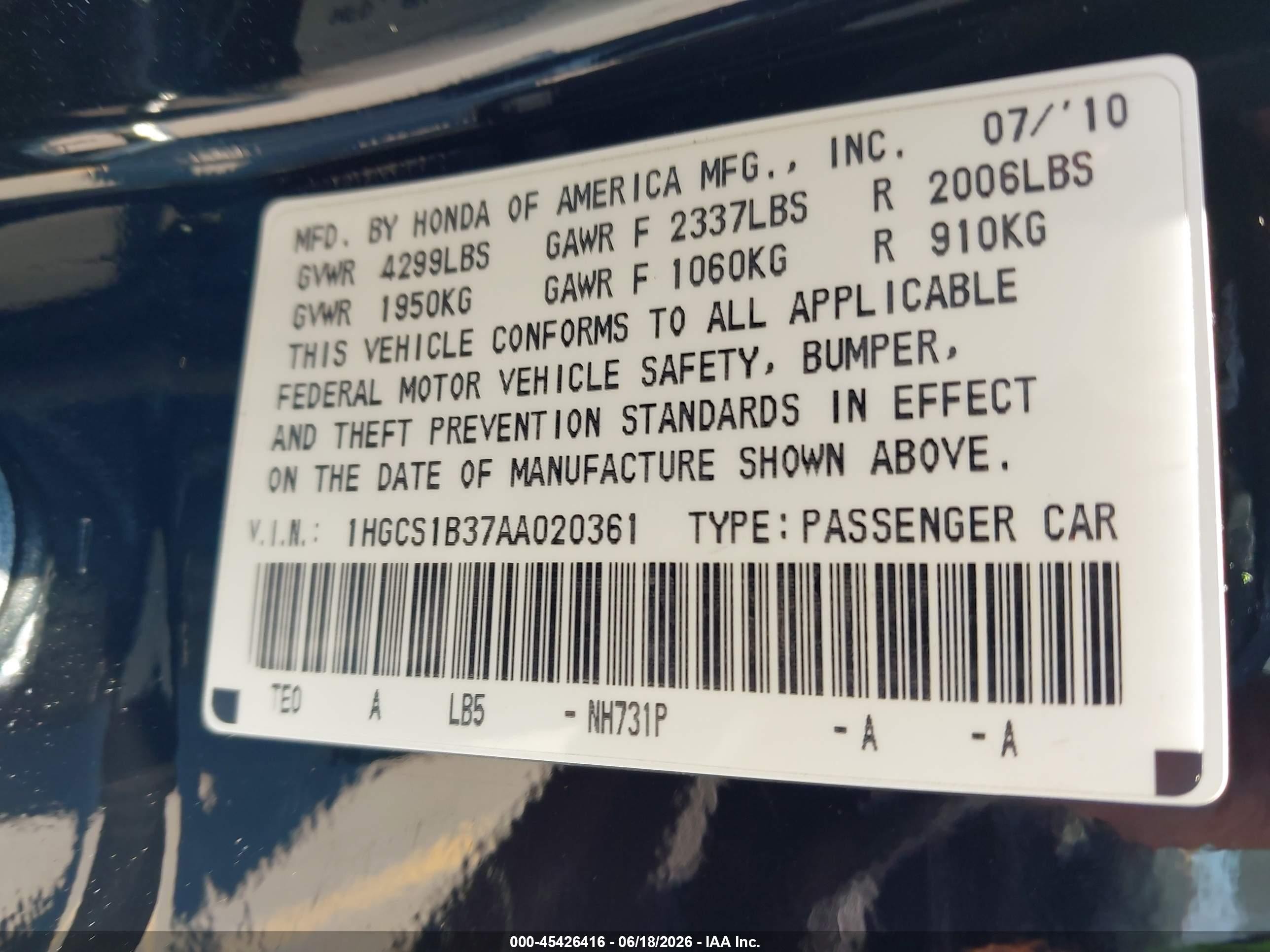 2010 Honda Accord 2.4 Lx-s Black vin: 1HGCS1B37AA020361