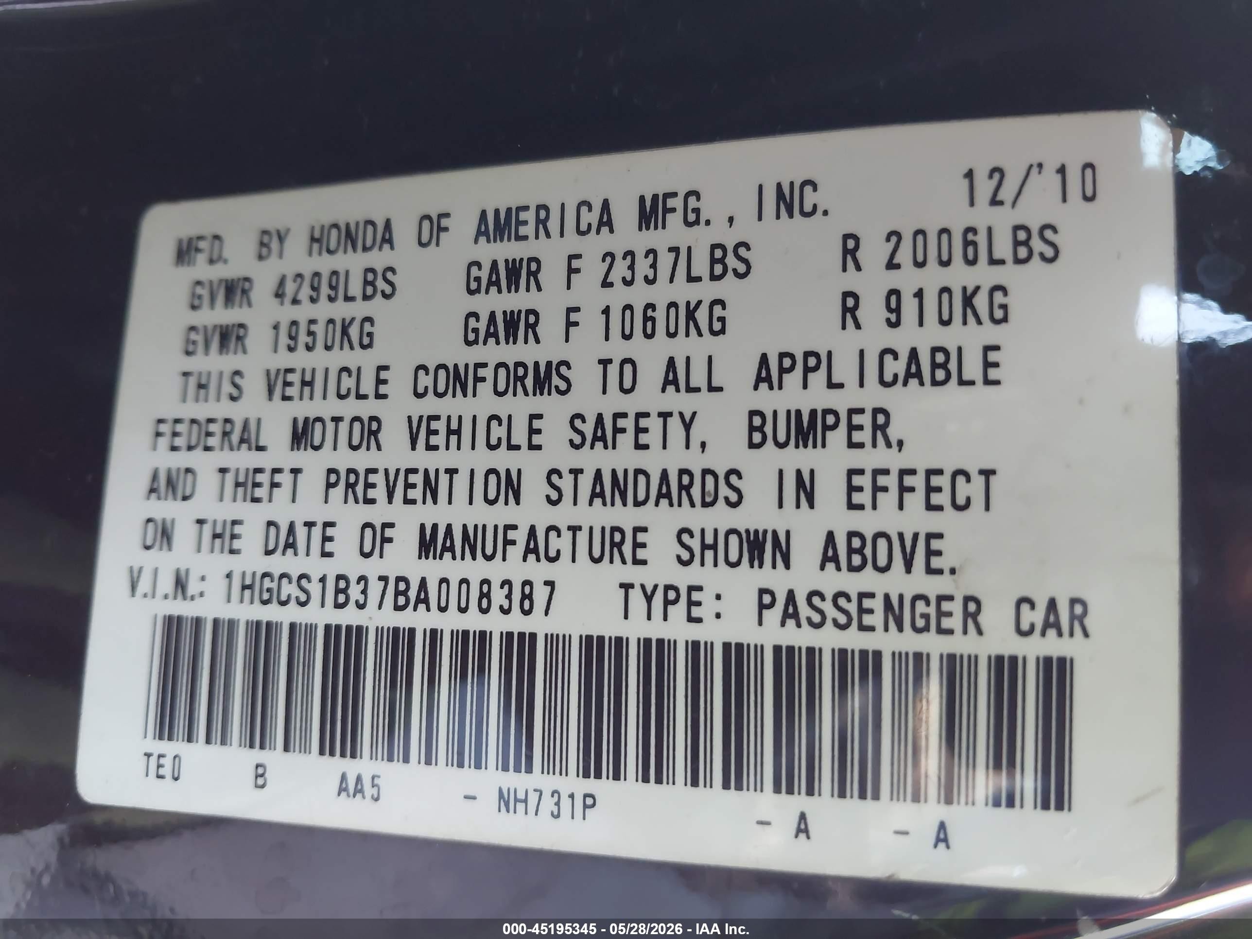 2011 Honda Accord 2.4 Lx-s Black vin: 1HGCS1B37BA008387