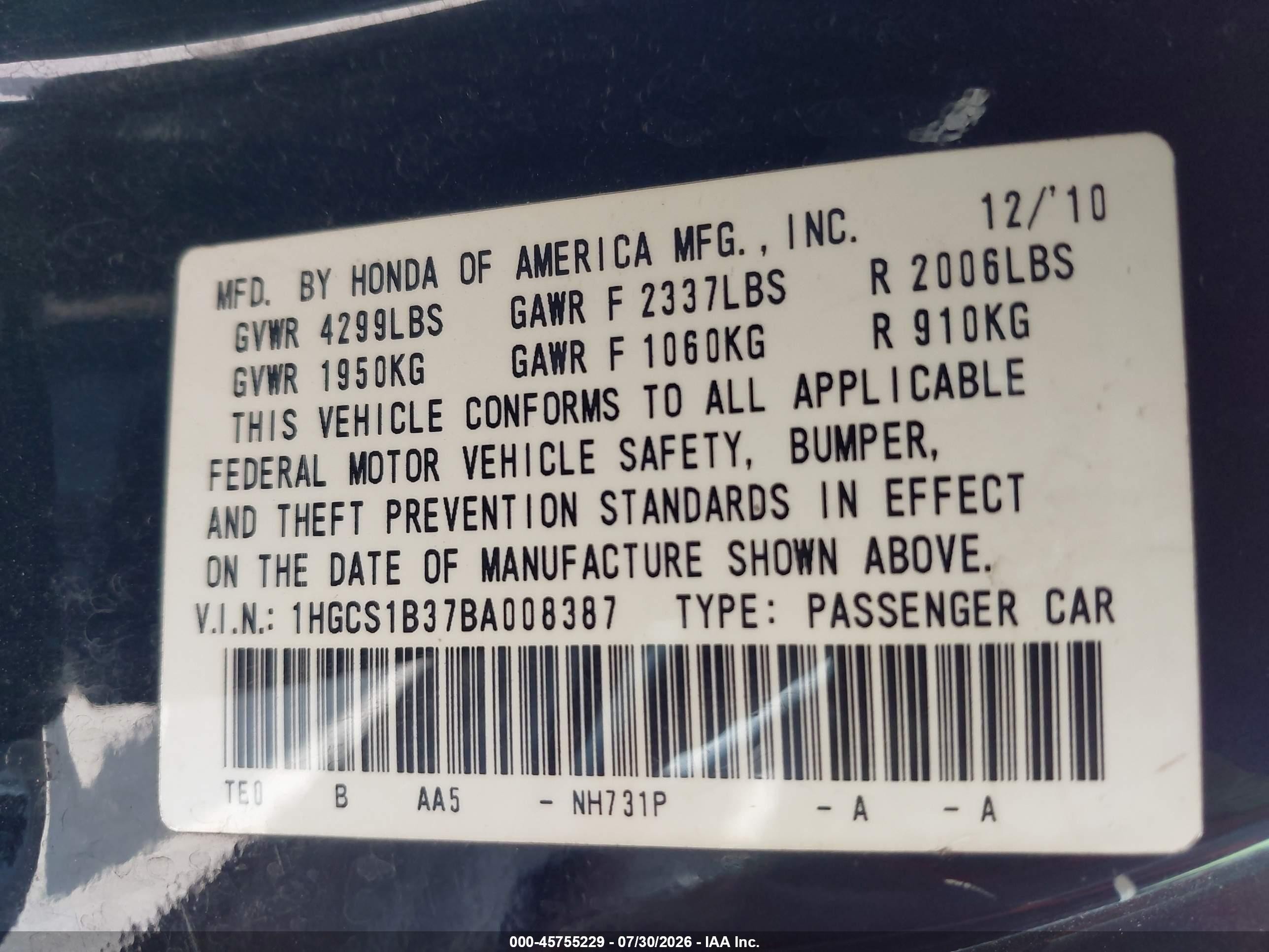 2011 Honda Accord 2.4 Lx-s Black vin: 1HGCS1B37BA008387