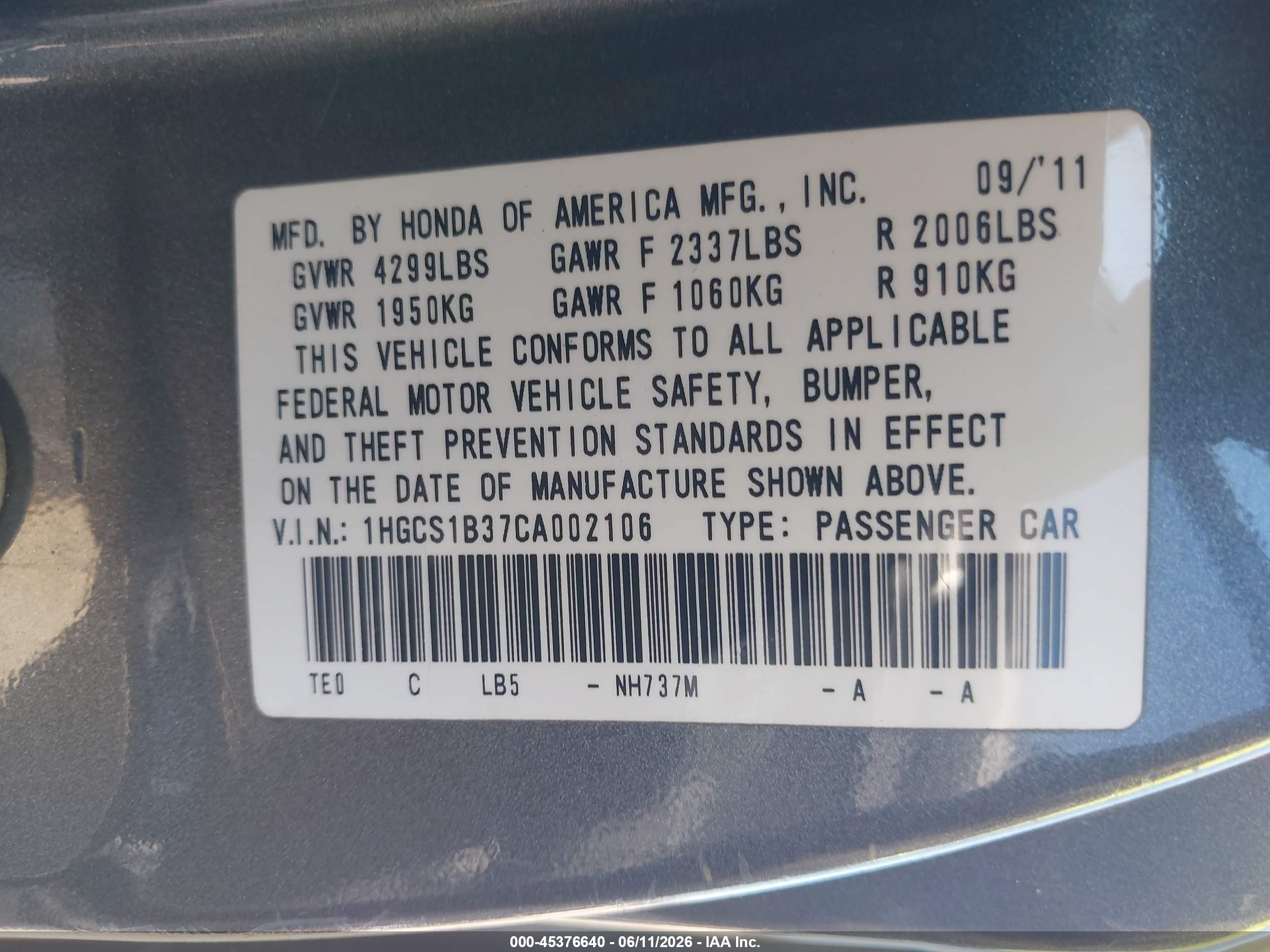 2012 Honda Accord 2.4 Lx-s Gray vin: 1HGCS1B37CA002106
