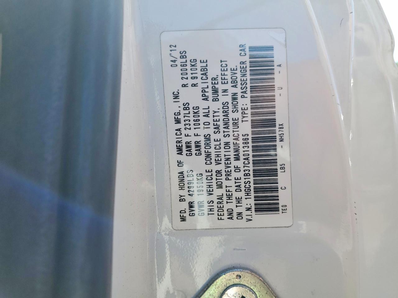 2012 Honda Accord Lx White vin: 1HGCS1B37CA013865