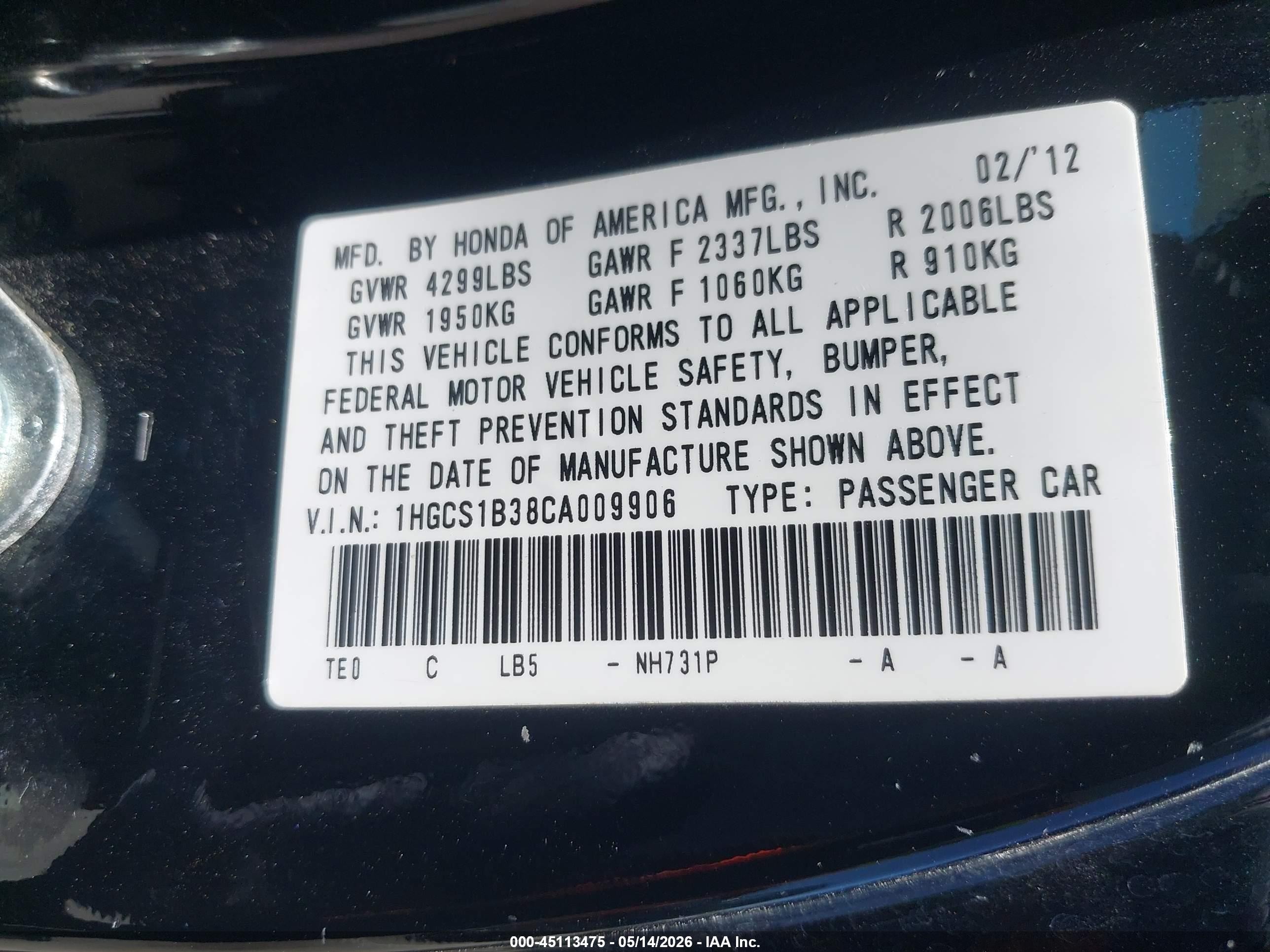 2012 Honda Accord 2.4 Lx-s Black vin: 1HGCS1B38CA009906
