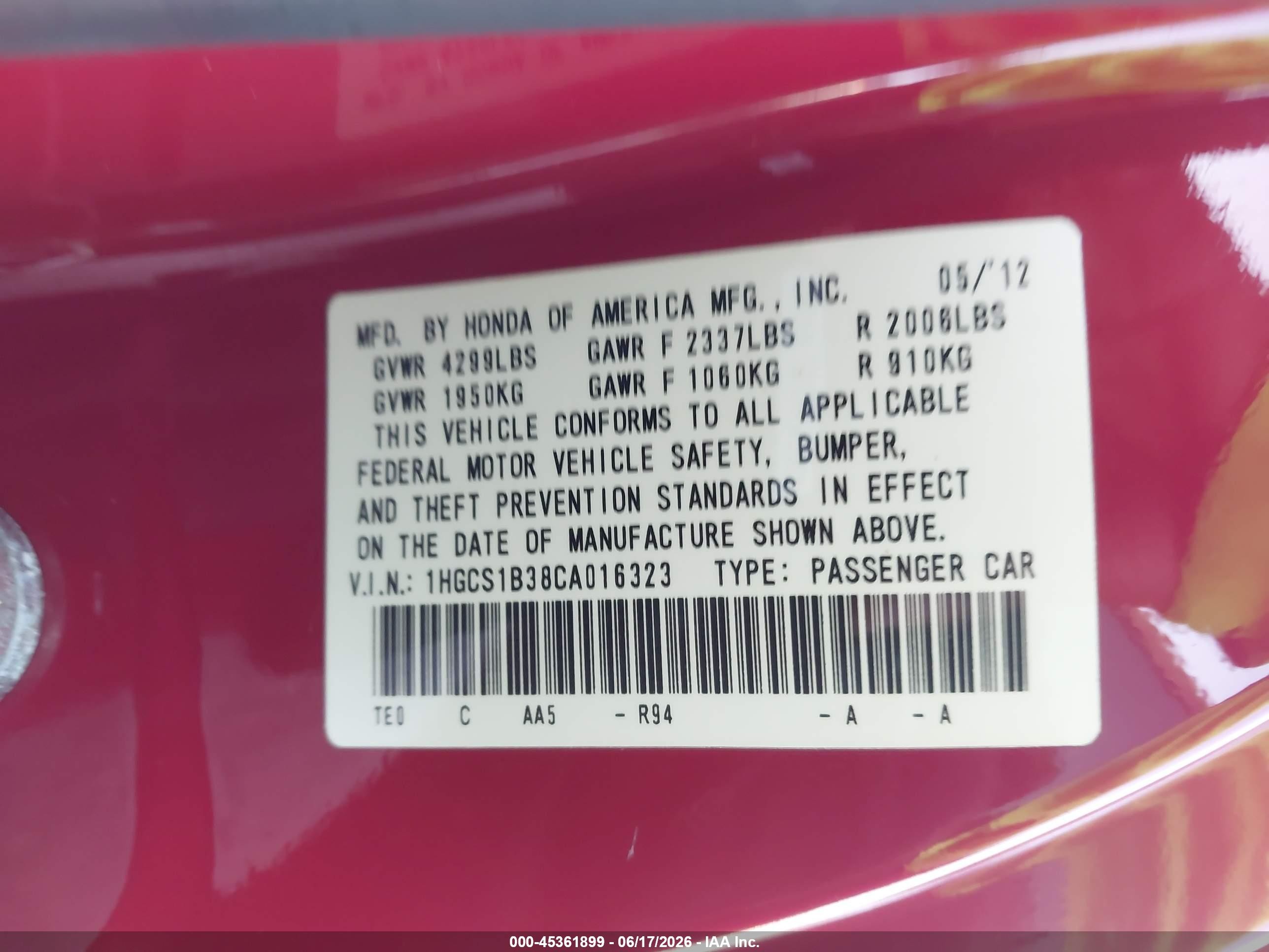 2012 Honda Accord 2.4 Lx-s Red vin: 1HGCS1B38CA016323