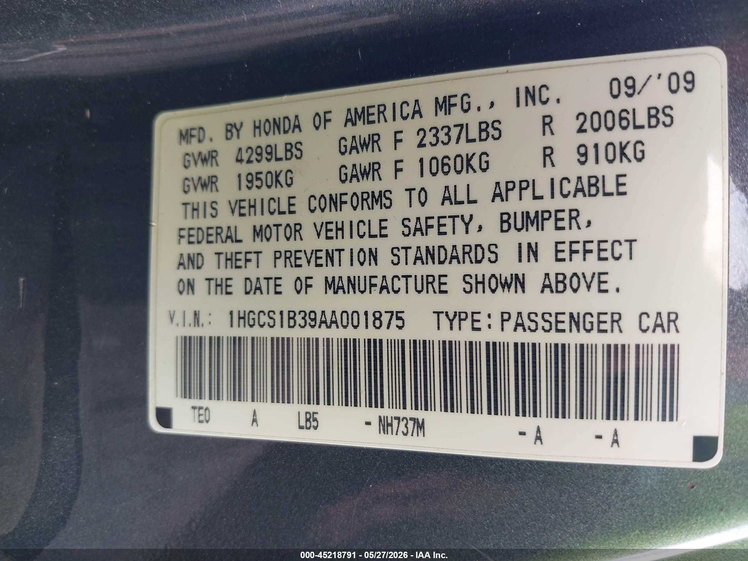 2010 Honda Accord 2.4 Lx-s Gray vin: 1HGCS1B39AA001875