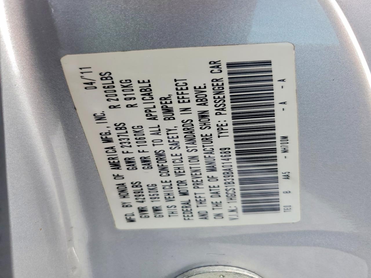 2011 Honda Accord Lx-s Silver vin: 1HGCS1B39BA014689