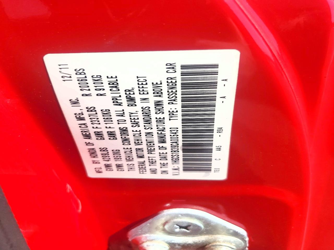 2012 Hond Accord Red vin: 1HGCS1B39CA005430