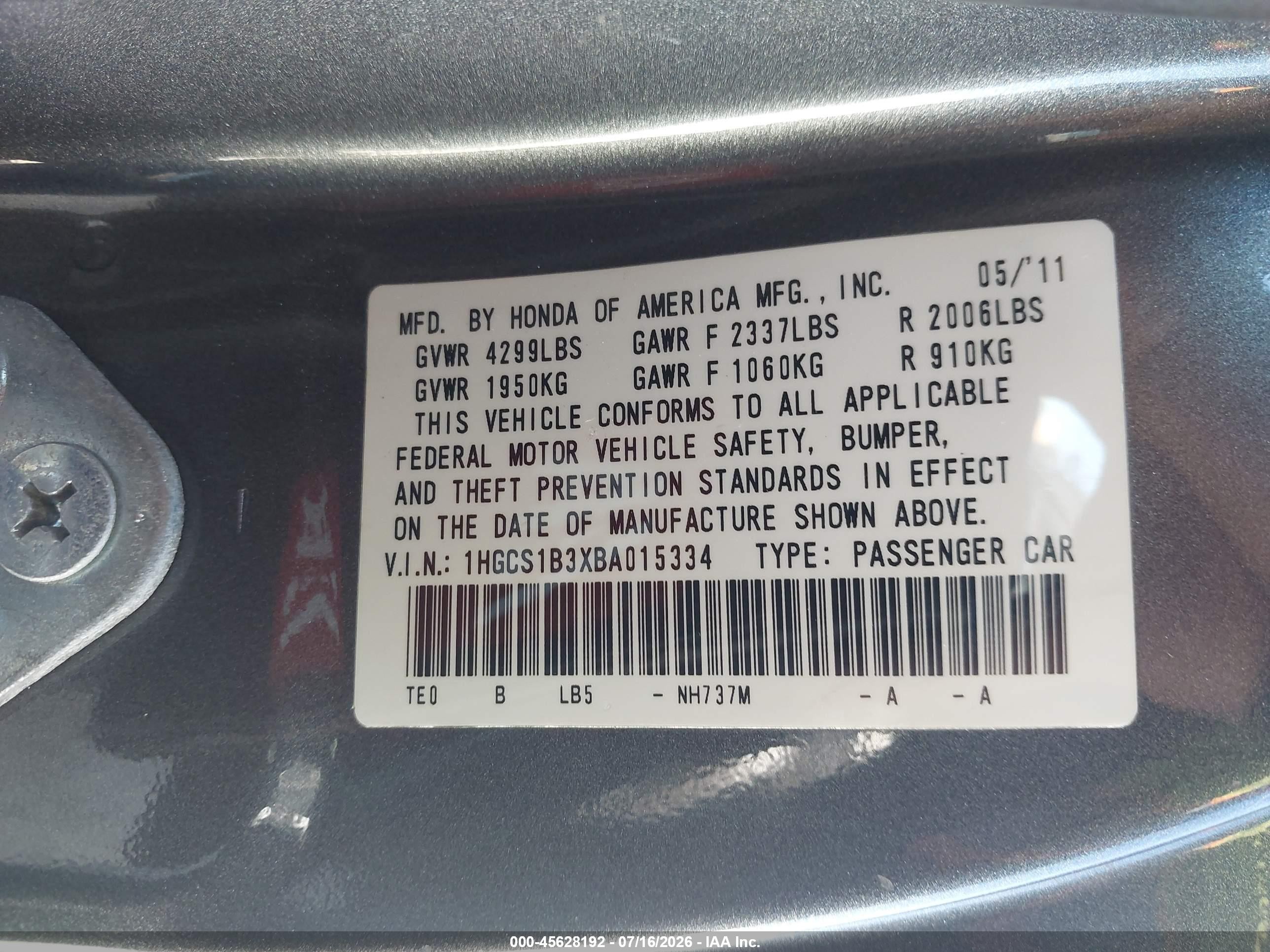 2011 Honda Accord 2.4 Lx-s Gray vin: 1HGCS1B3XBA015334