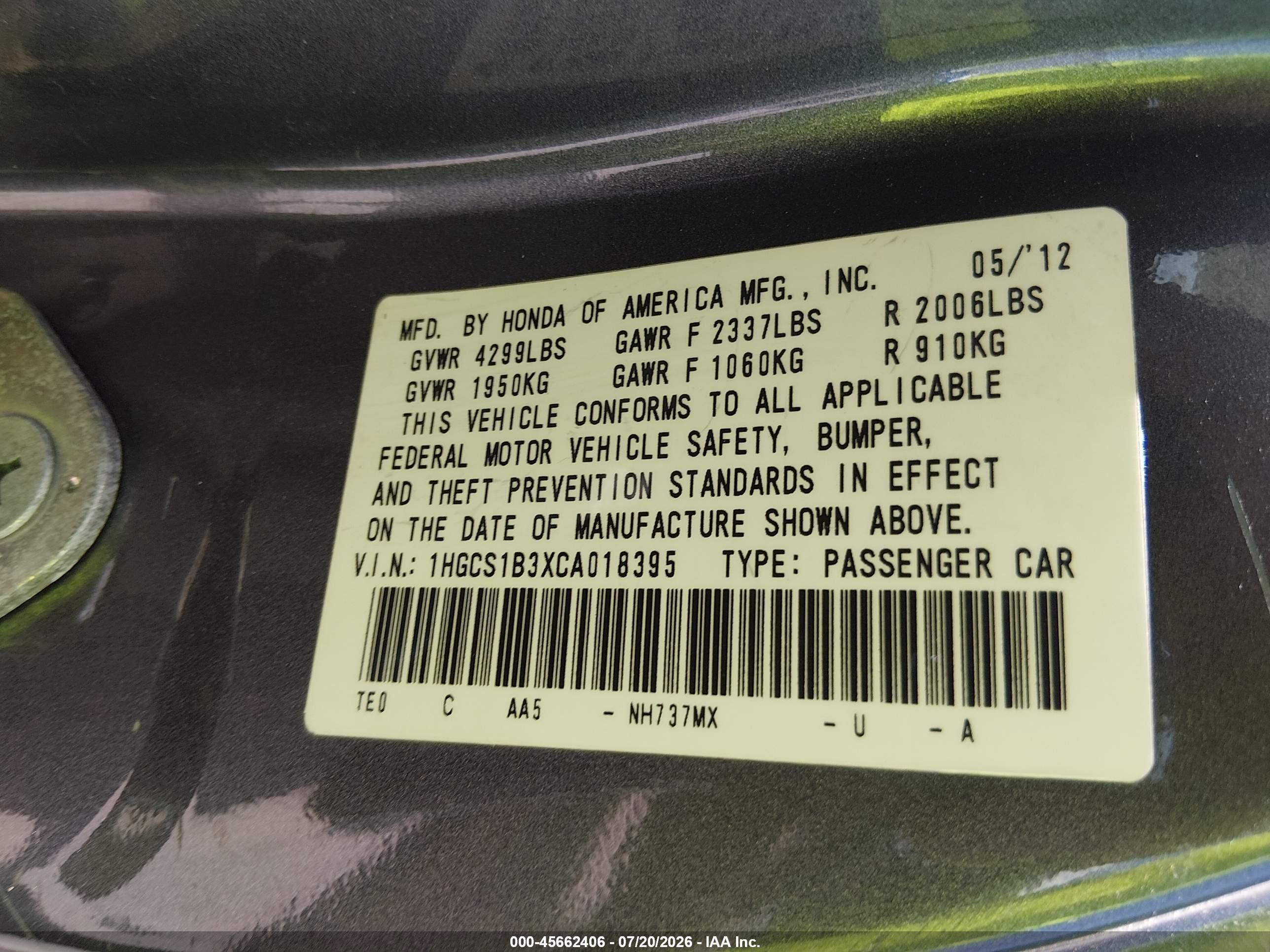 2012 Honda Accord 2.4 Lx-s Green vin: 1HGCS1B3XCA018395