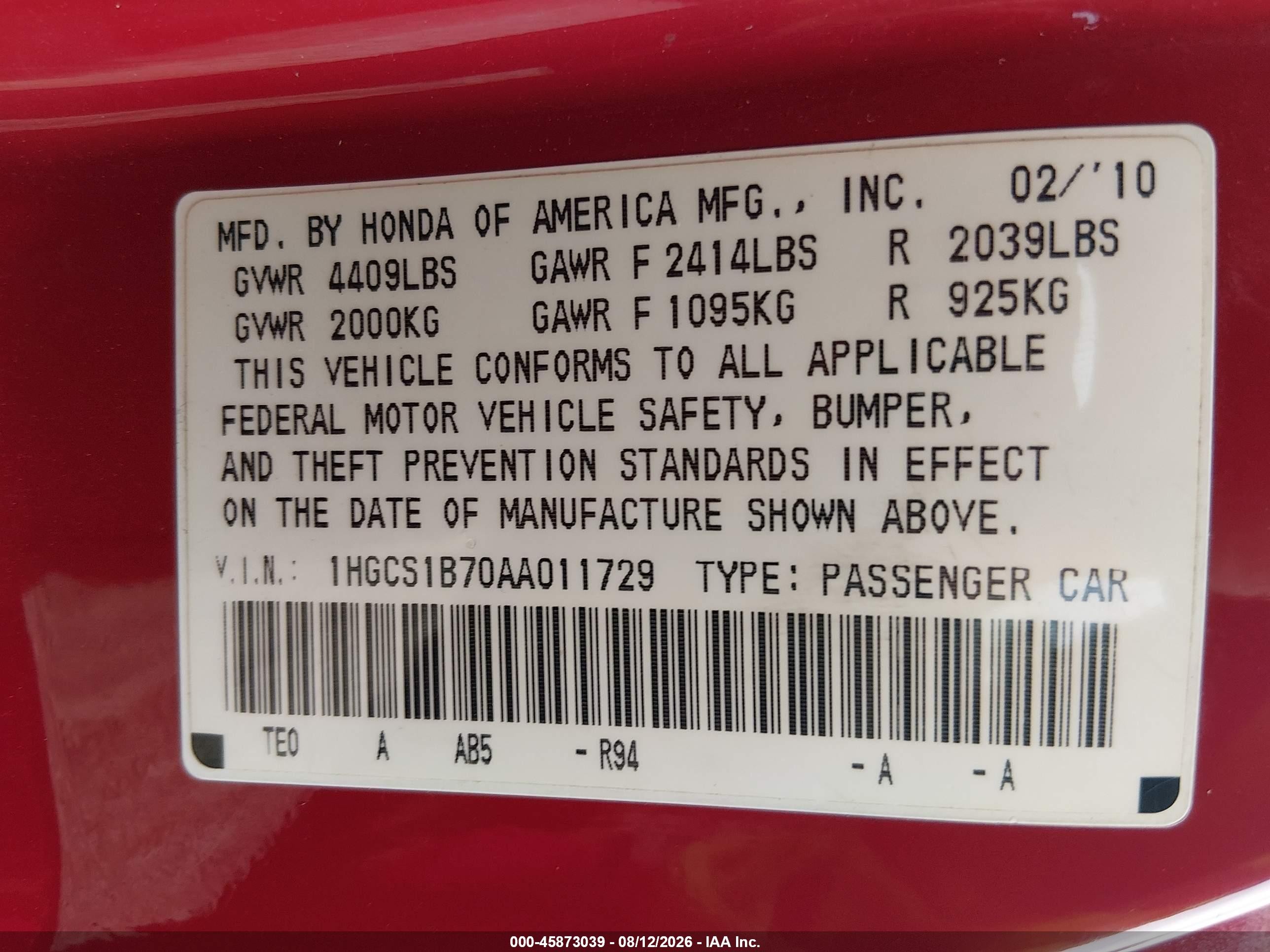2010 Honda Accord 2.4 Ex Red vin: 1HGCS1B70AA011729