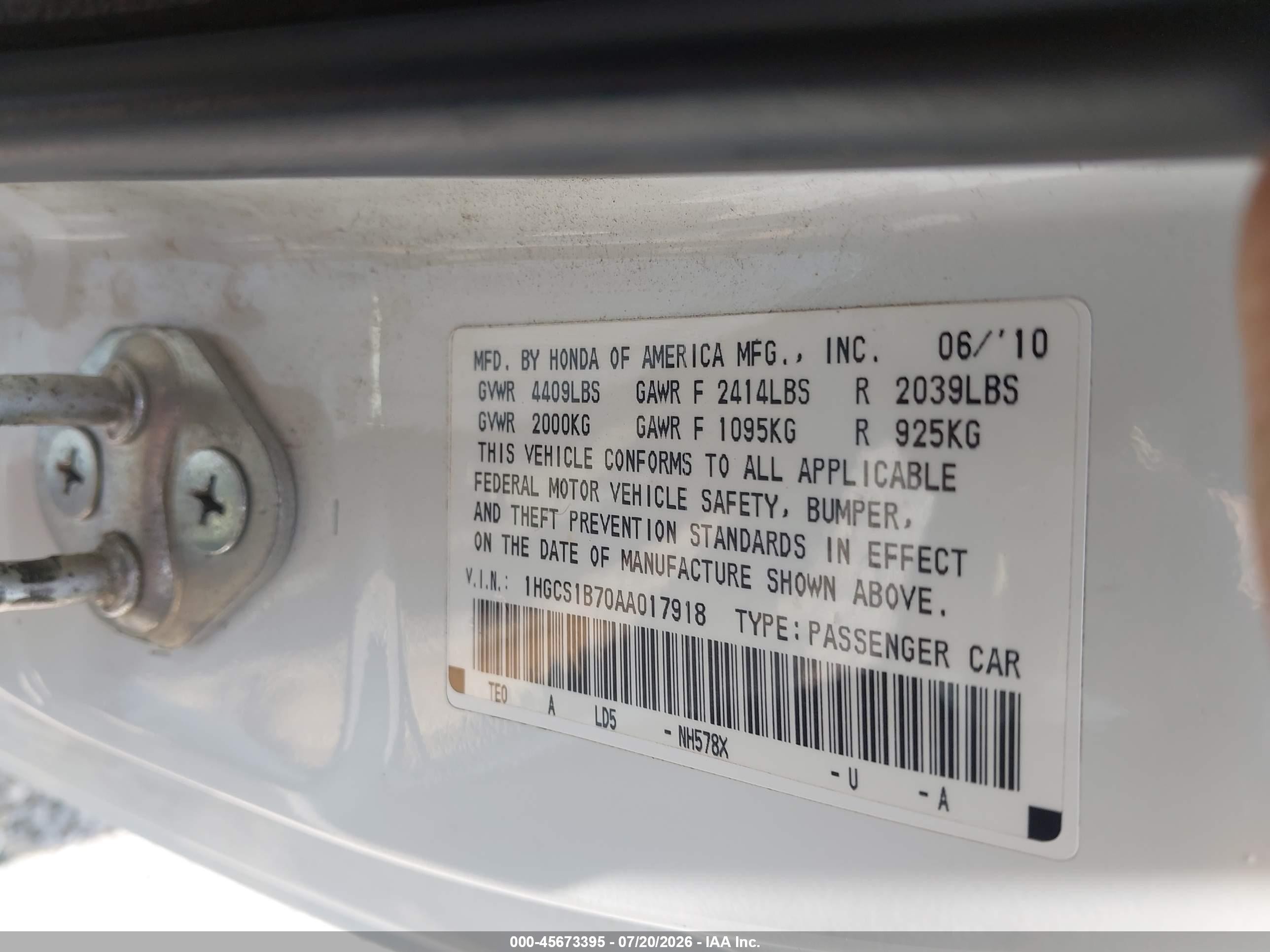 2010 Honda Accord 2.4 Ex Белый vin: 1HGCS1B70AA017918