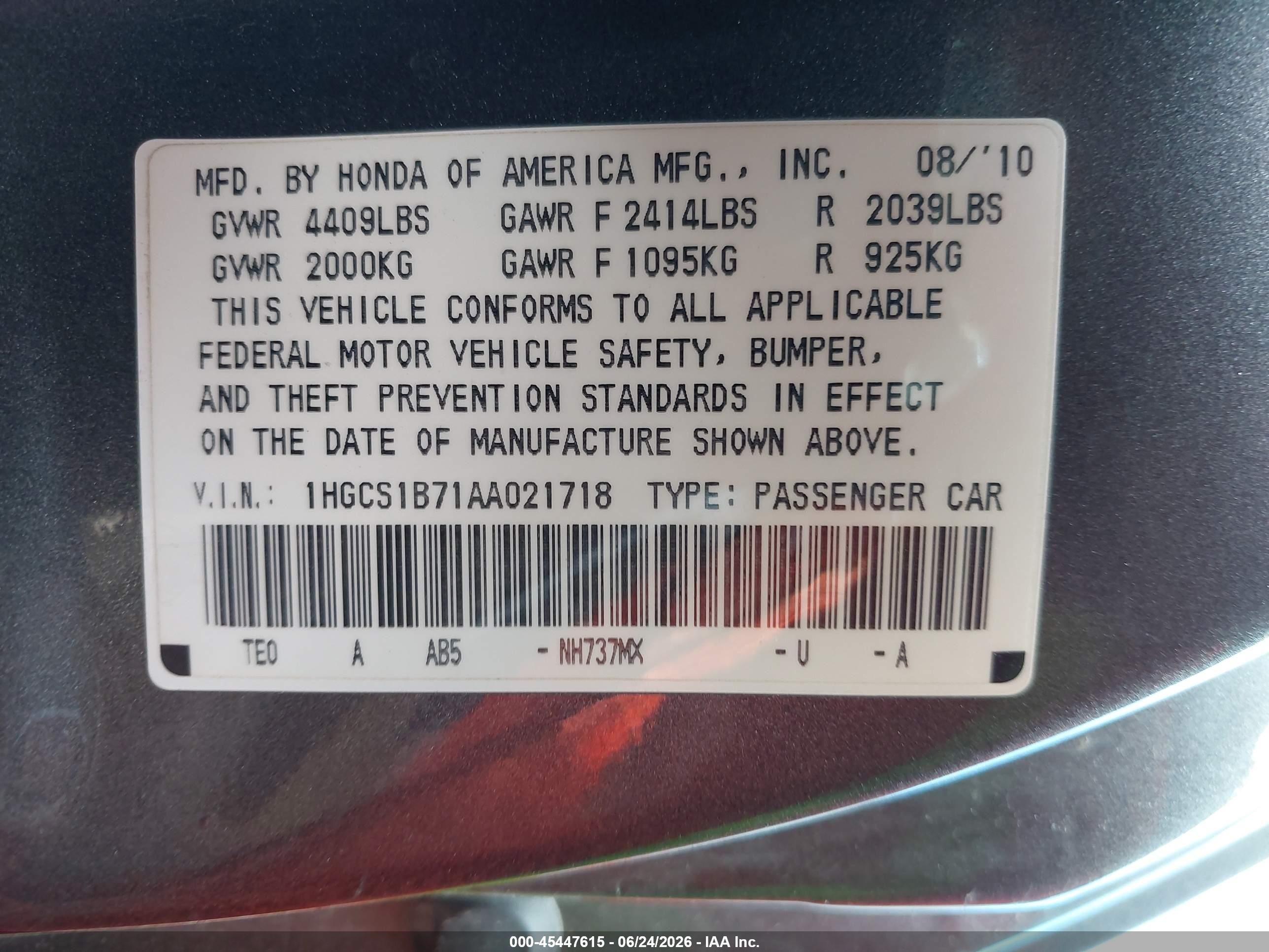 2010 Honda Accord 2.4 Ex Dark Blue vin: 1HGCS1B71AA021718