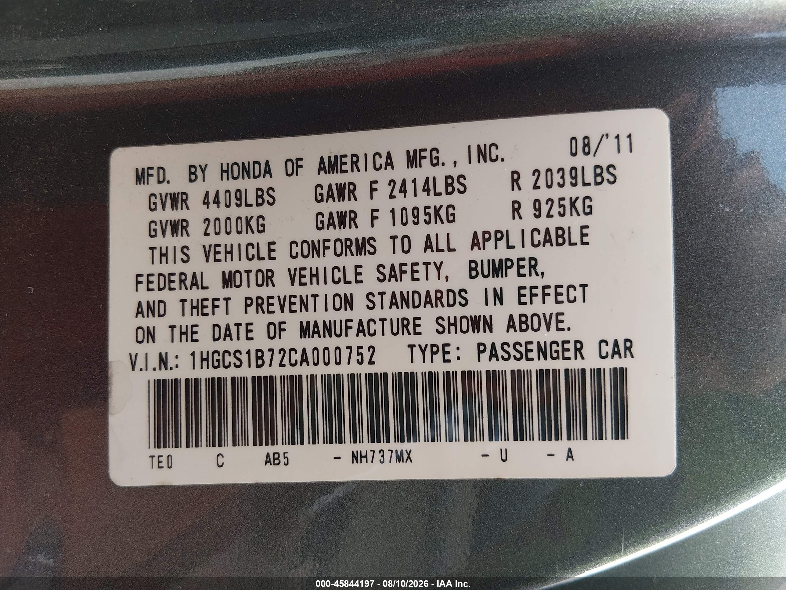 2012 Honda Accord 2.4 Ex Gray vin: 1HGCS1B72CA000752
