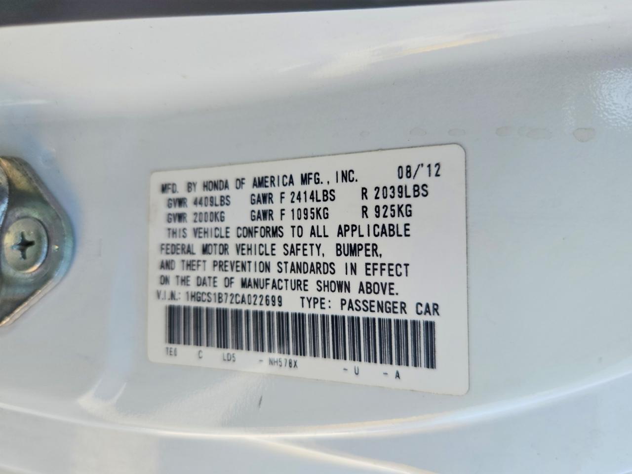 2012 Honda Accord Ex White vin: 1HGCS1B72CA022699