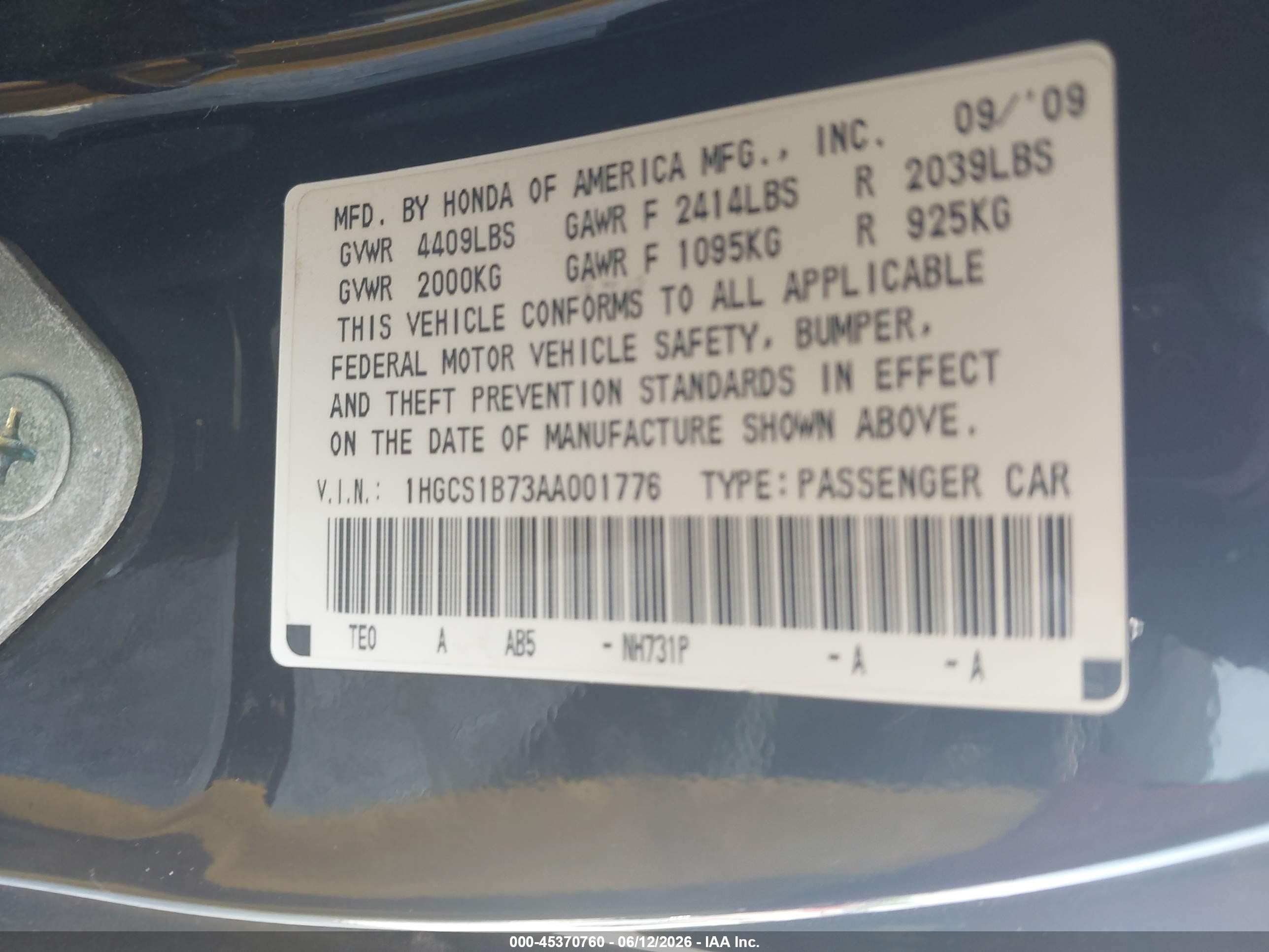 2010 Honda Accord 2.4 Ex Black vin: 1HGCS1B73AA001776