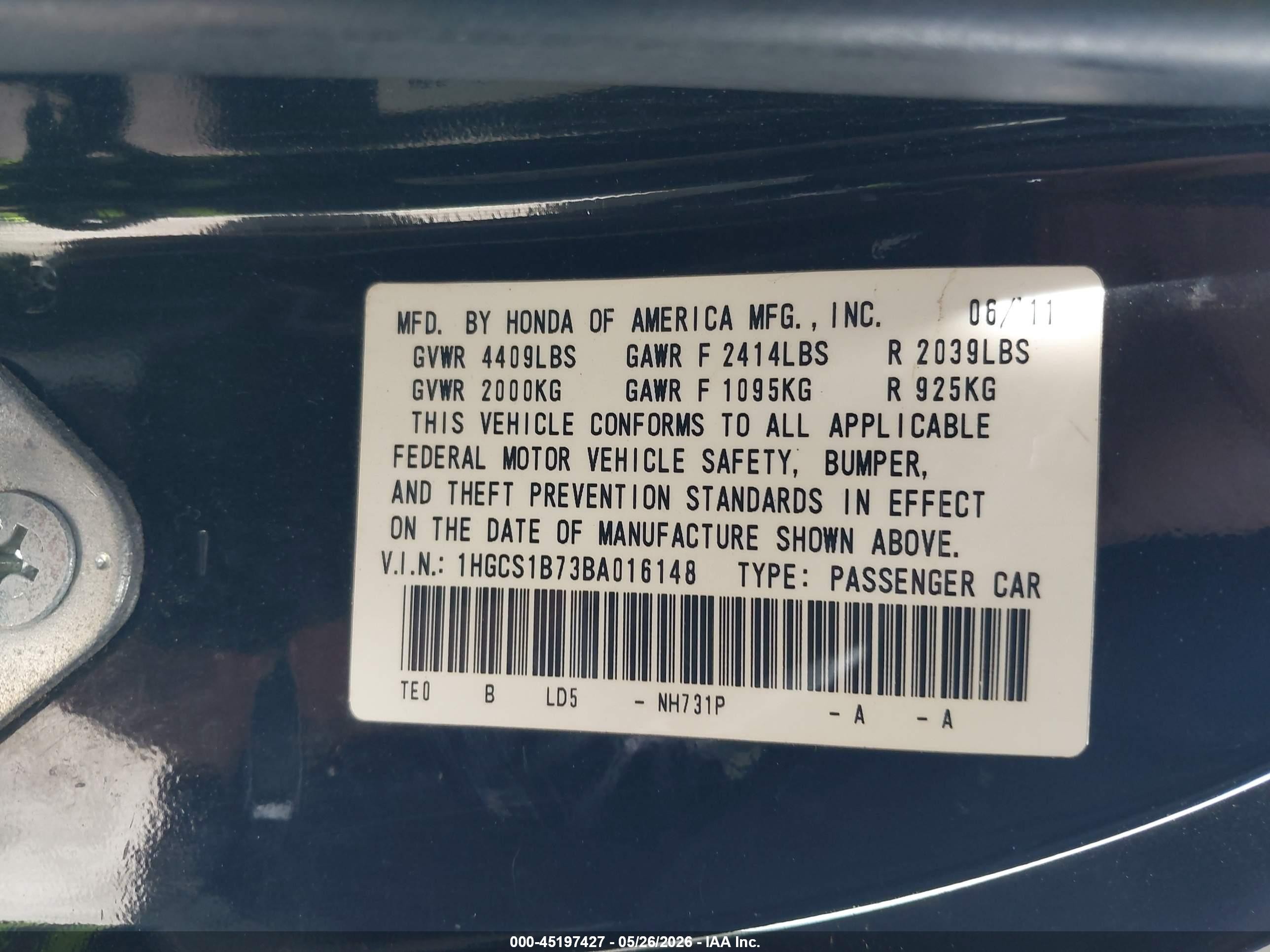 2011 Honda Accord 2.4 Ex Black vin: 1HGCS1B73BA016148