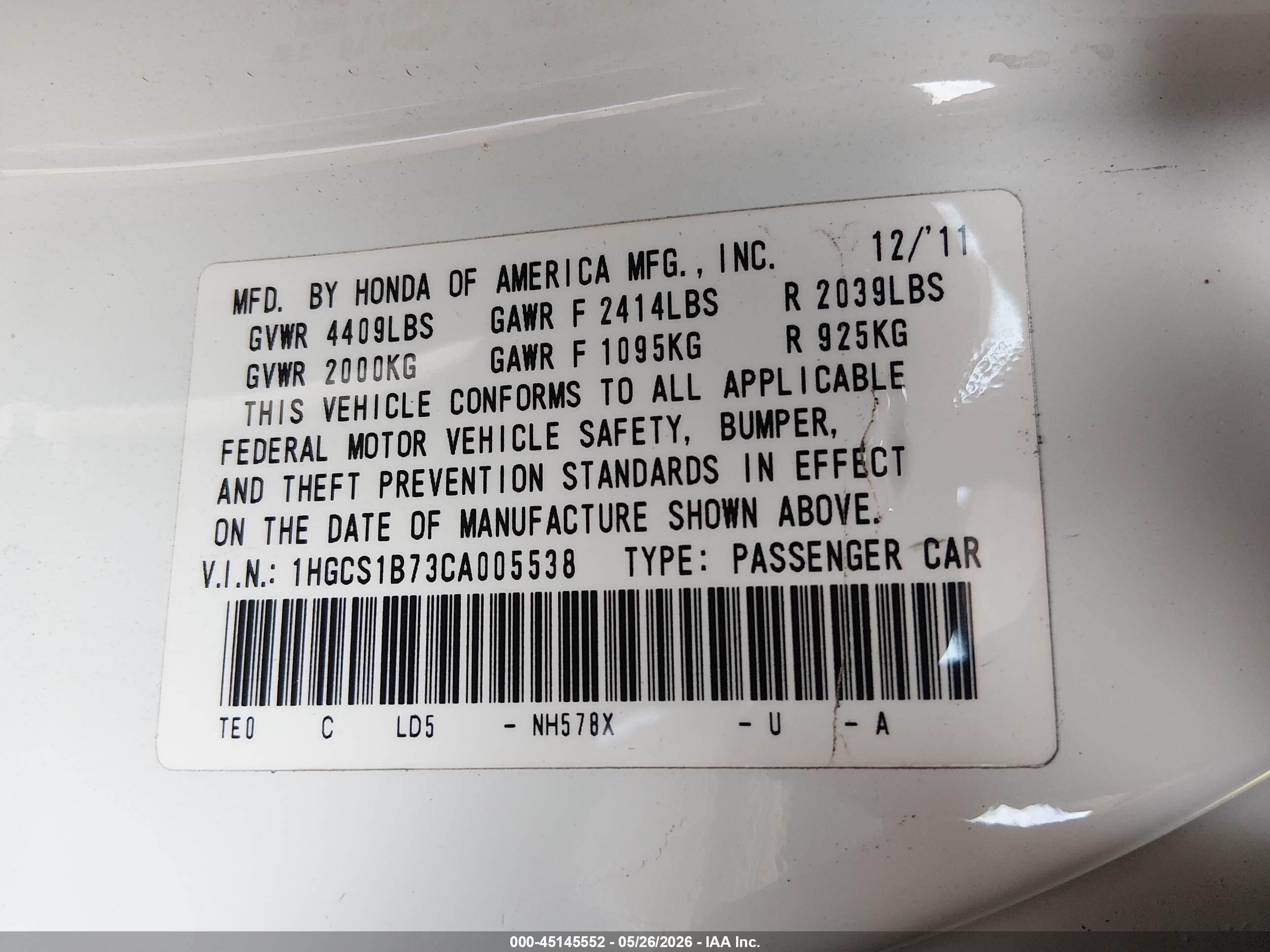 2012 Honda Accord 2.4 Ex Белый vin: 1HGCS1B73CA005538