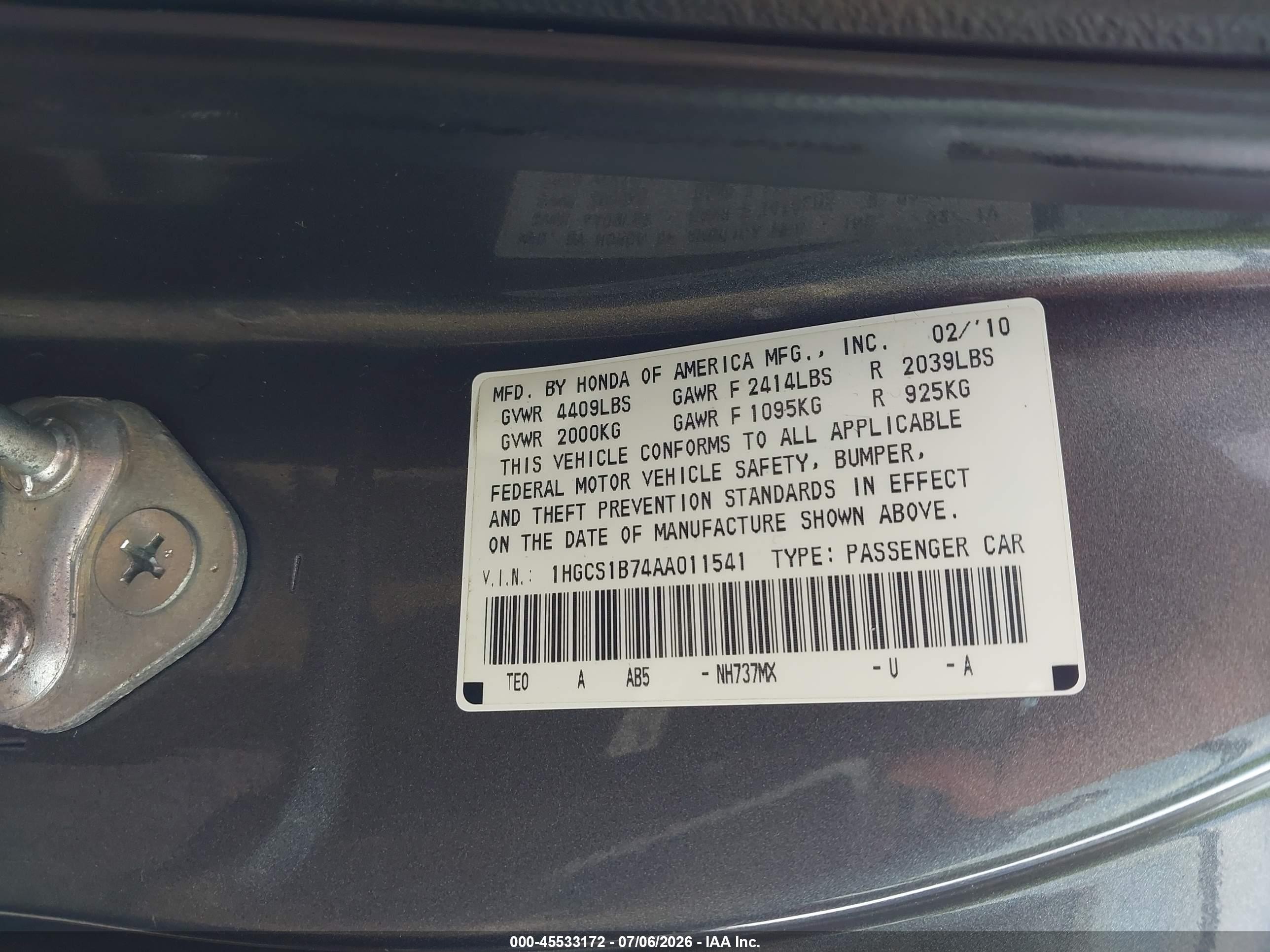 2010 Honda Accord 2.4 Ex Gray vin: 1HGCS1B74AA011541