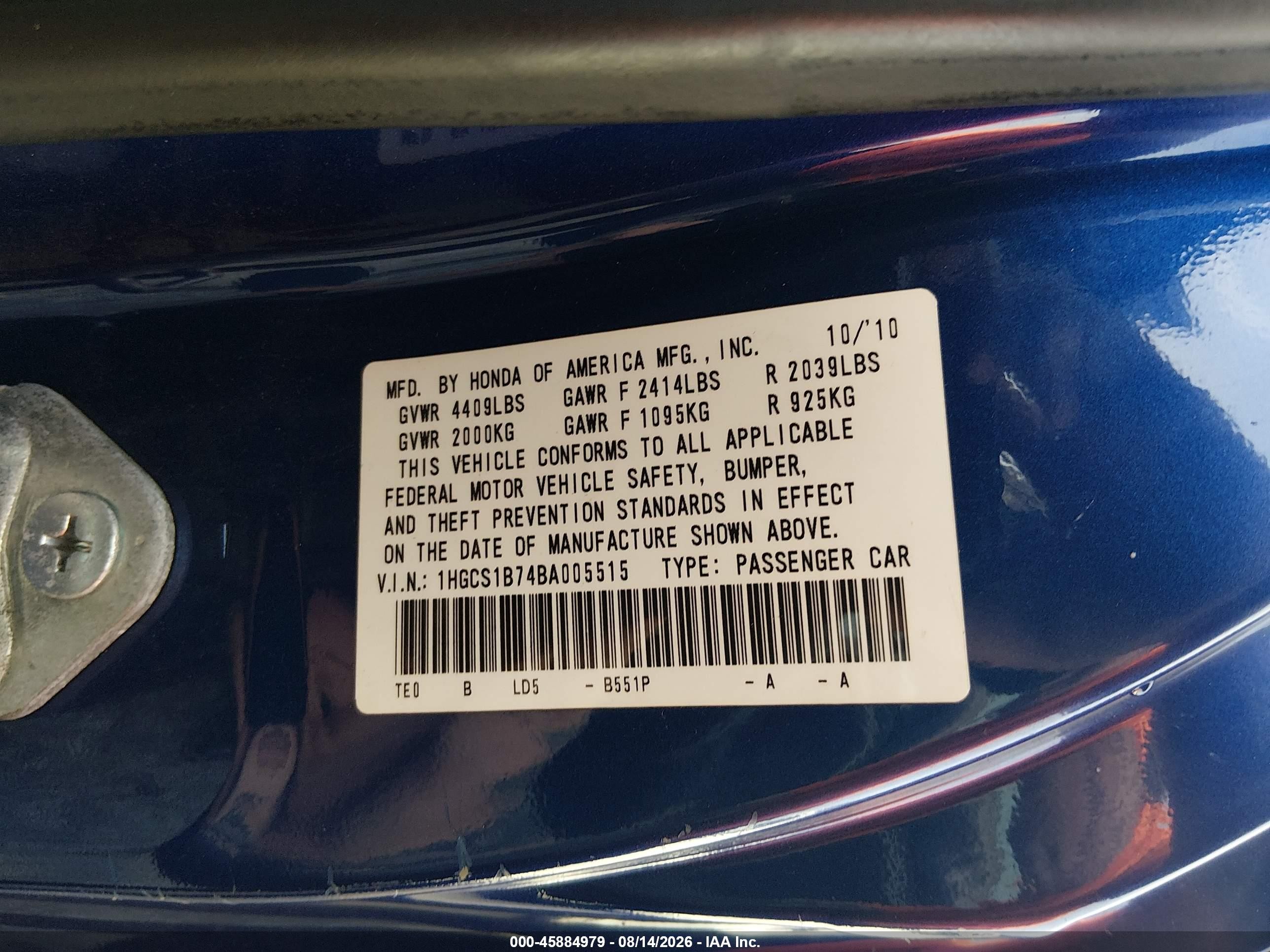 2011 Honda Accord 2.4 Ex Синий vin: 1HGCS1B74BA005515