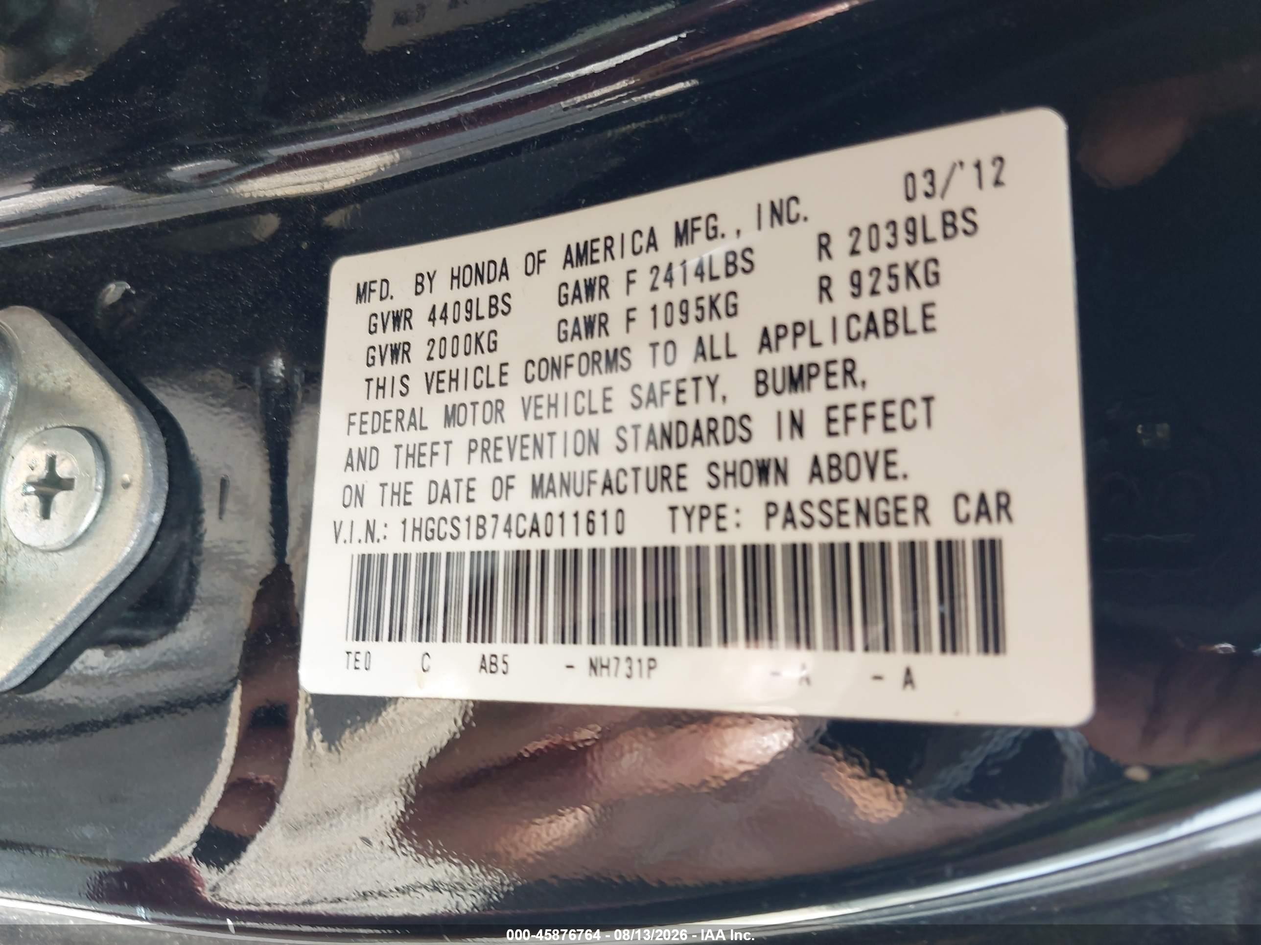 2012 Honda Accord 2.4 Ex Black vin: 1HGCS1B74CA011610
