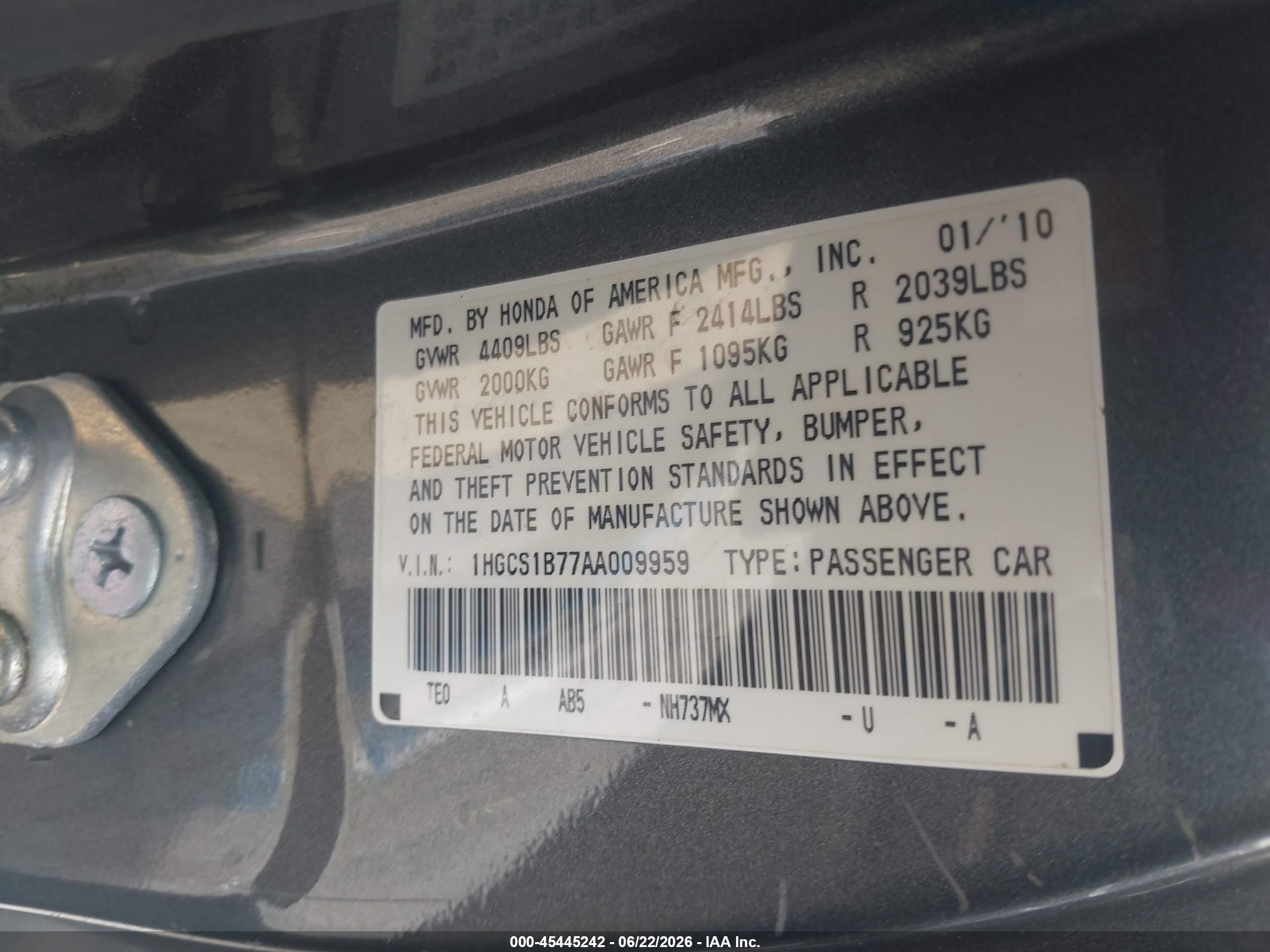 2010 Honda Accord 2.4 Ex Gray vin: 1HGCS1B77AA009959