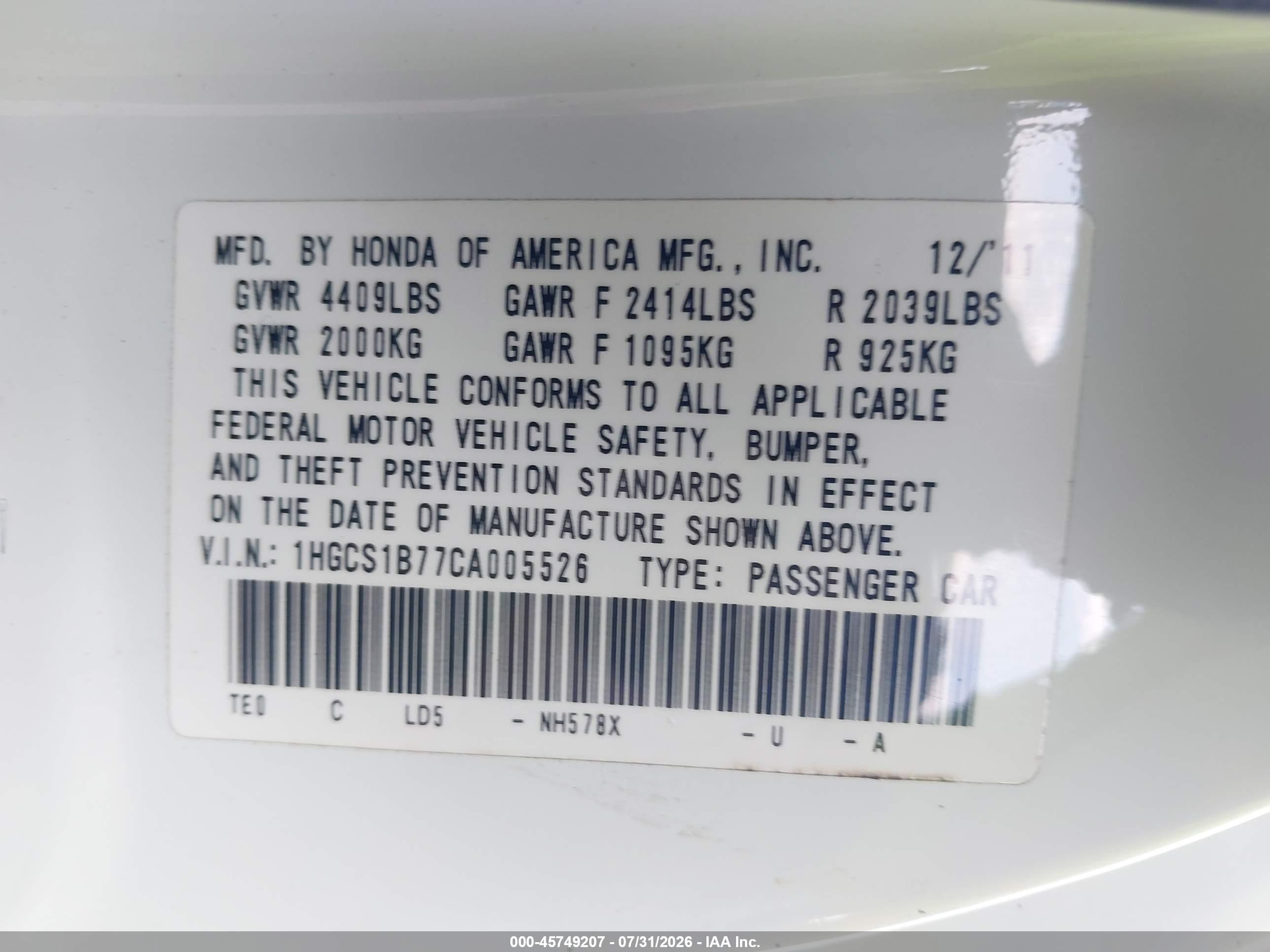 2012 Honda Accord 2.4 Ex White vin: 1HGCS1B77CA005526