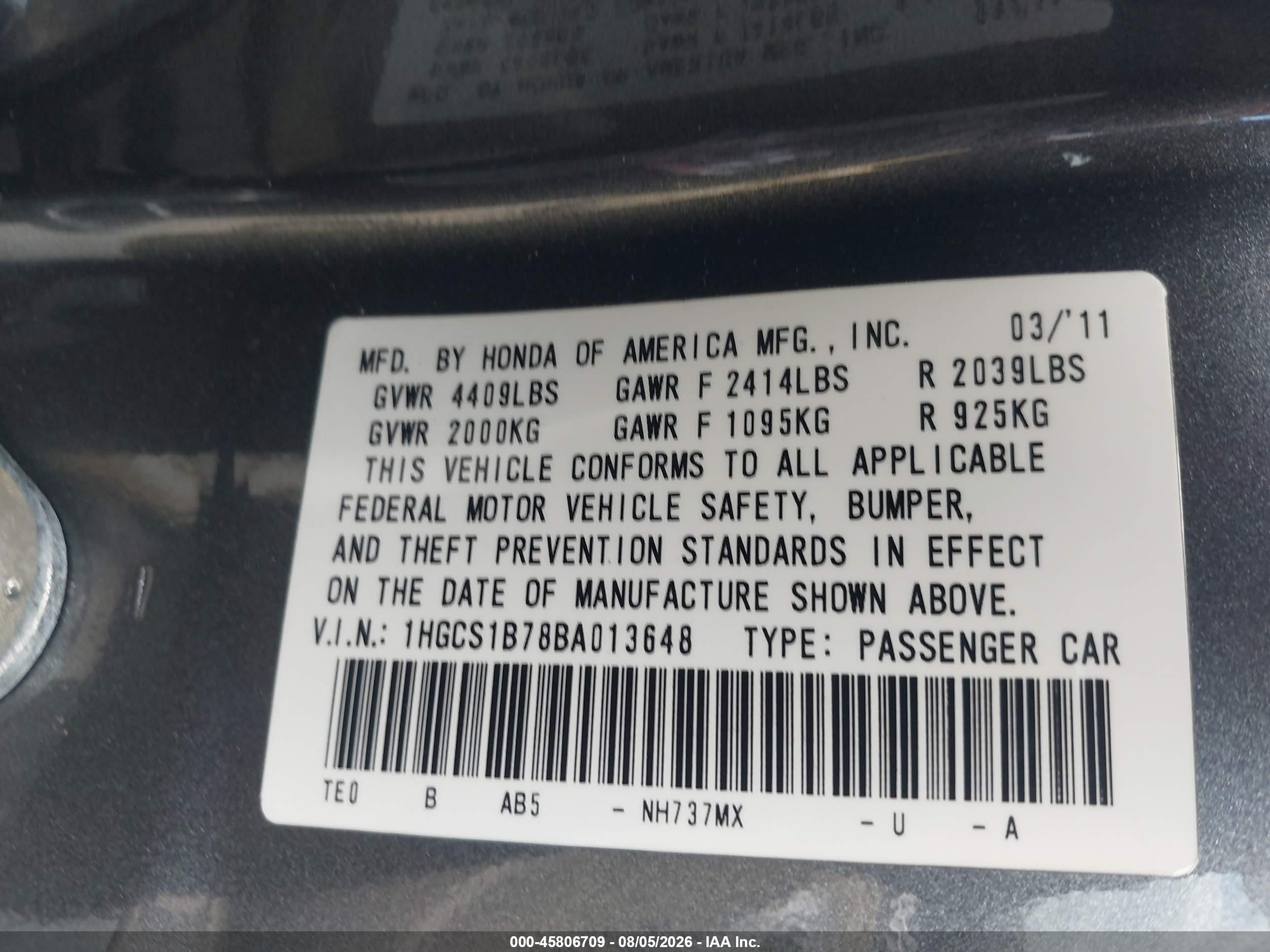 2011 Honda Accord 2.4 Ex Серый vin: 1HGCS1B78BA013648
