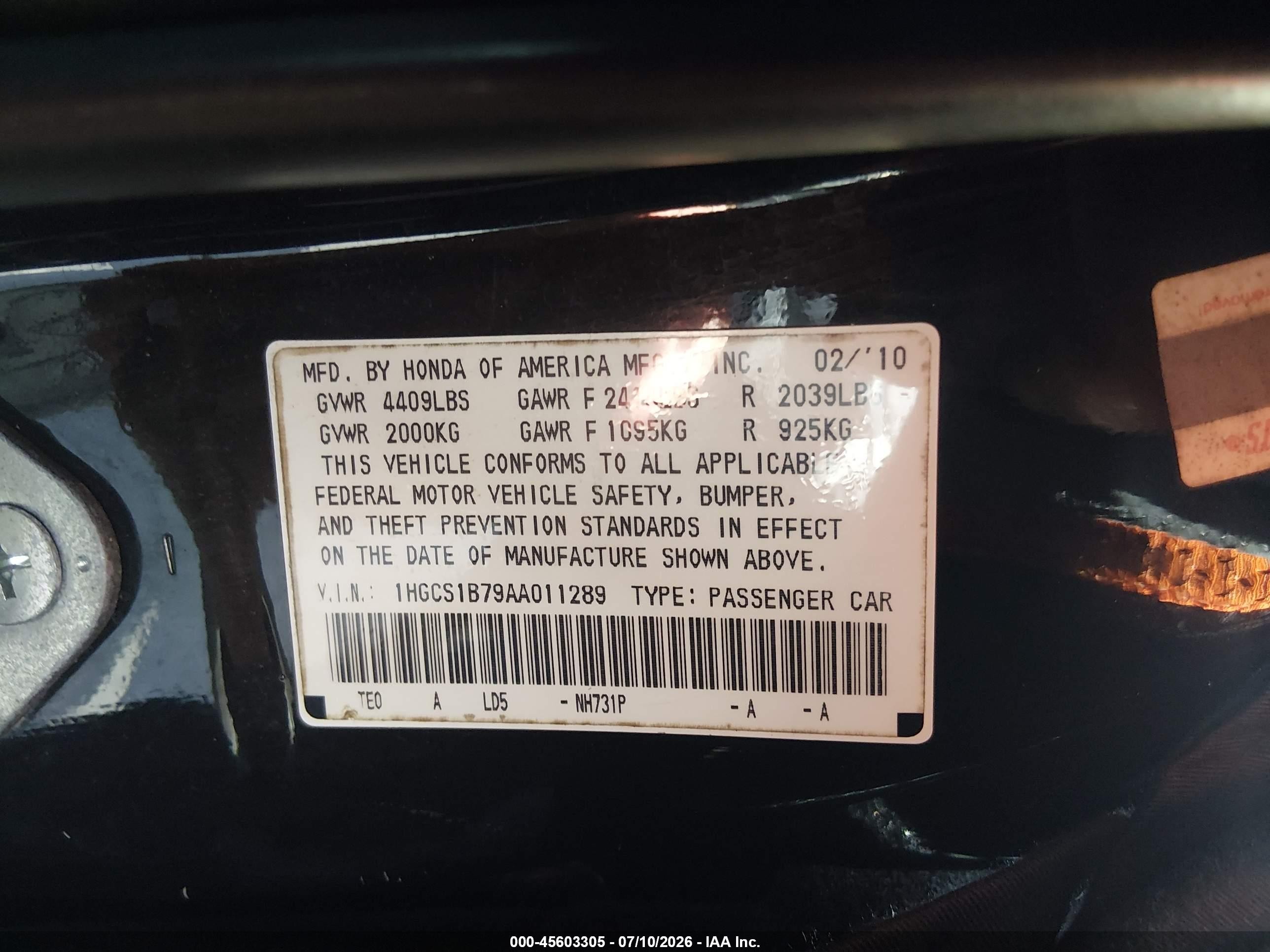 2010 Honda Accord 2.4 Ex Черный vin: 1HGCS1B79AA011289