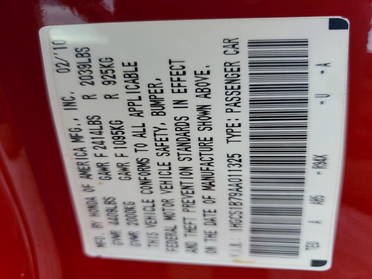 2010 Honda Accord Ex Red vin: 1HGCS1B79AA011325
