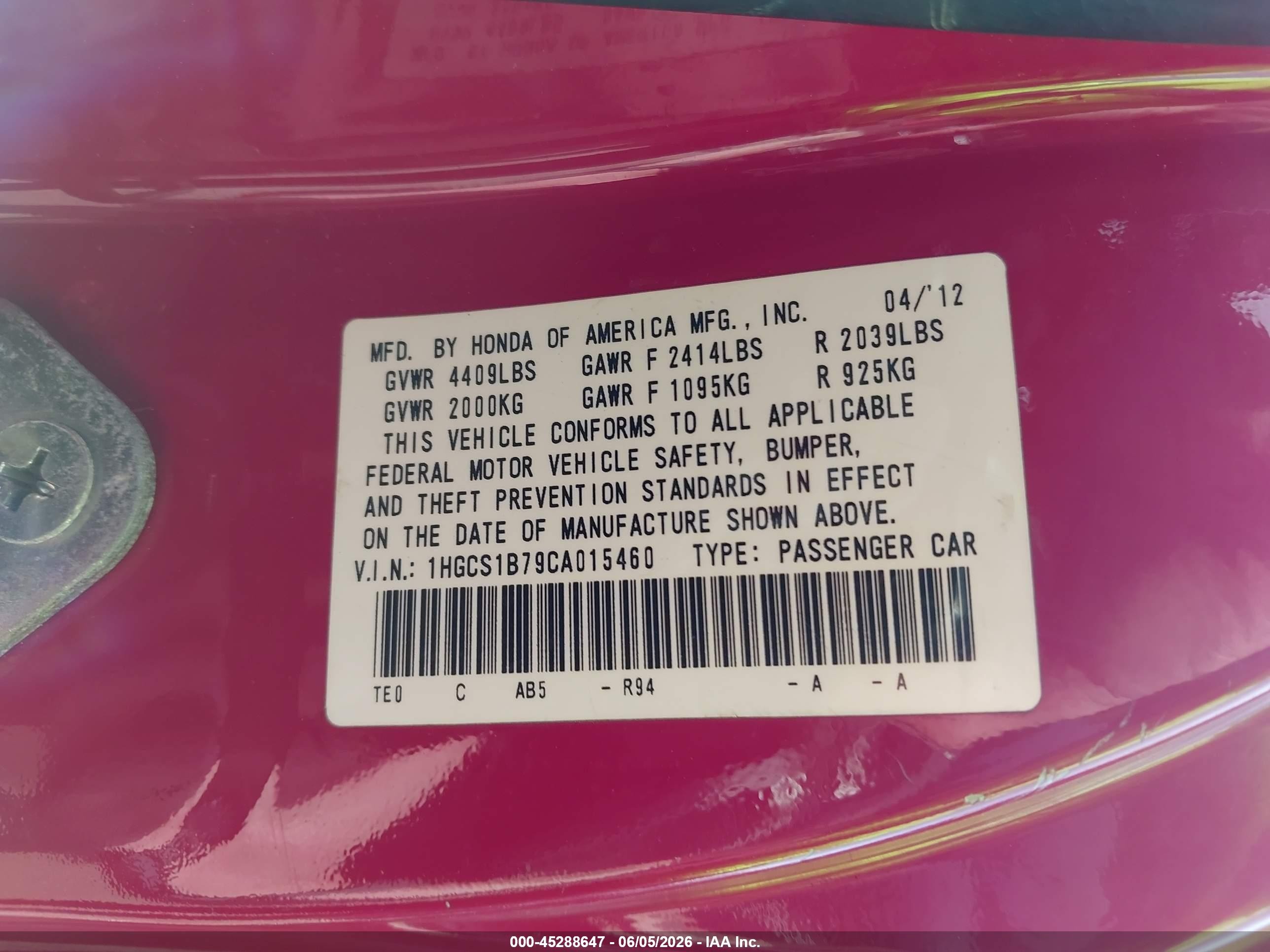 2012 Honda Accord 2.4 Ex Red vin: 1HGCS1B79CA015460