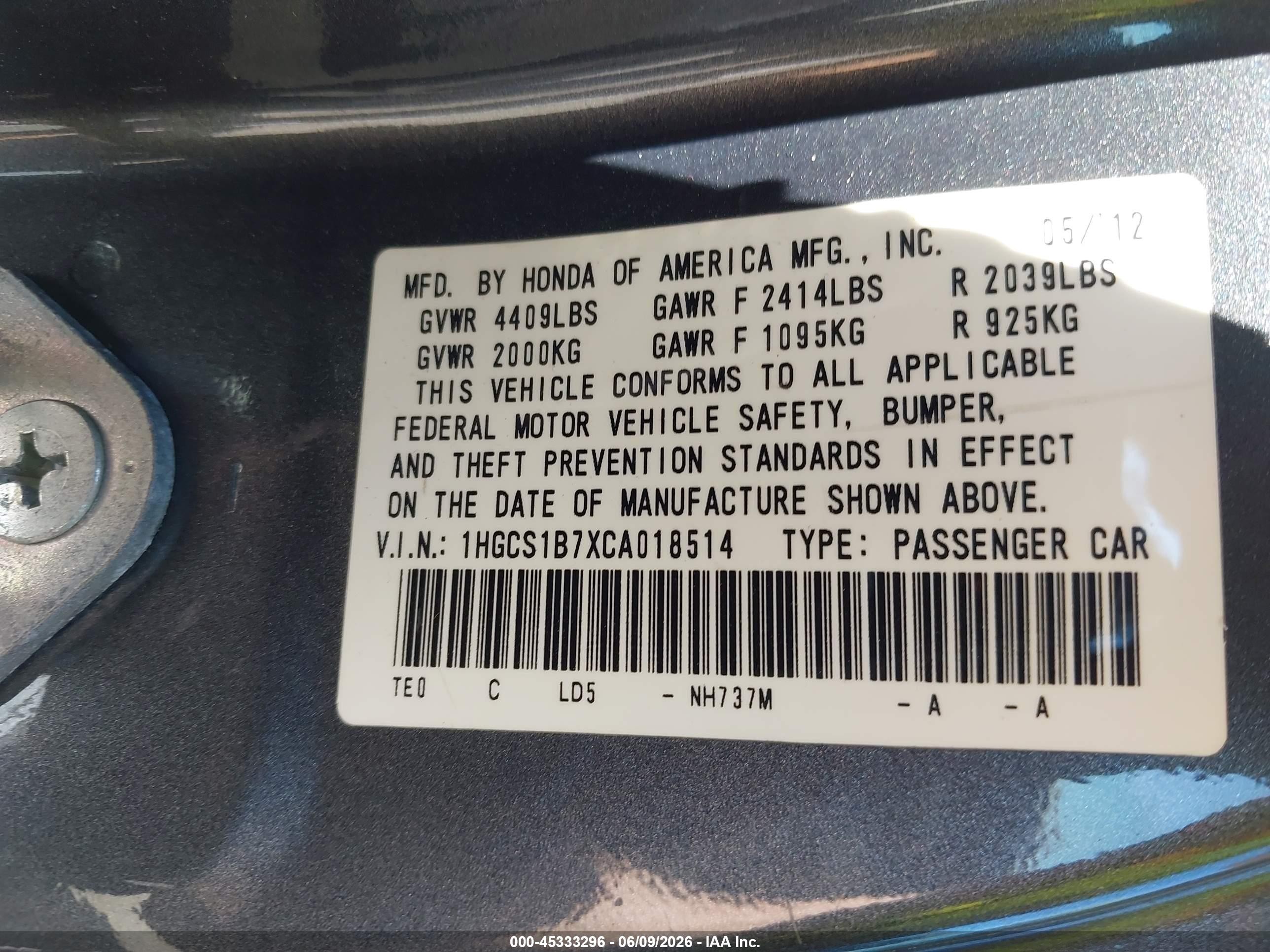 2012 Honda Accord 2.4 Ex Gray vin: 1HGCS1B7XCA018514