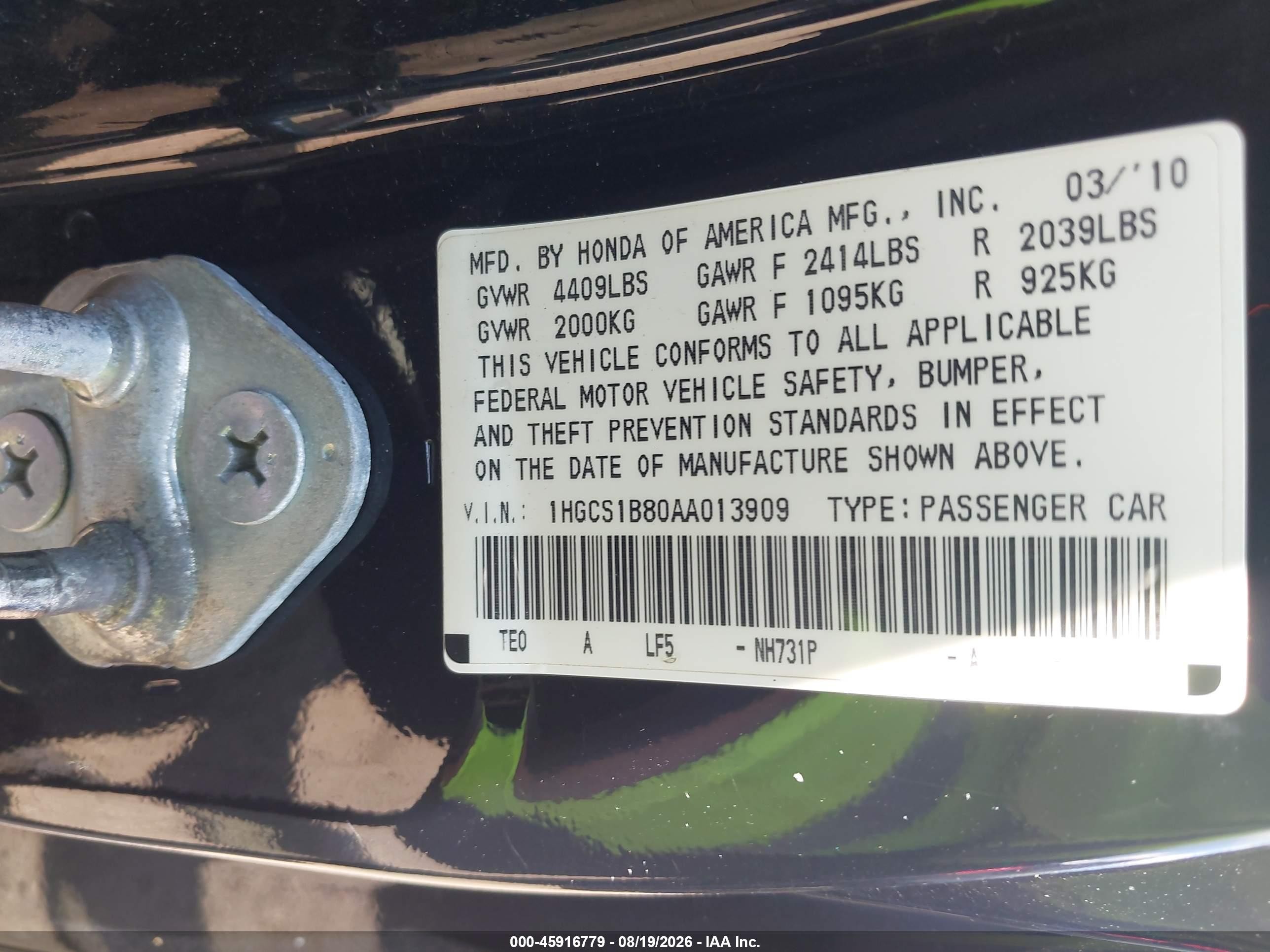 2010 Honda Accord 2.4 Ex-l Black vin: 1HGCS1B80AA013909