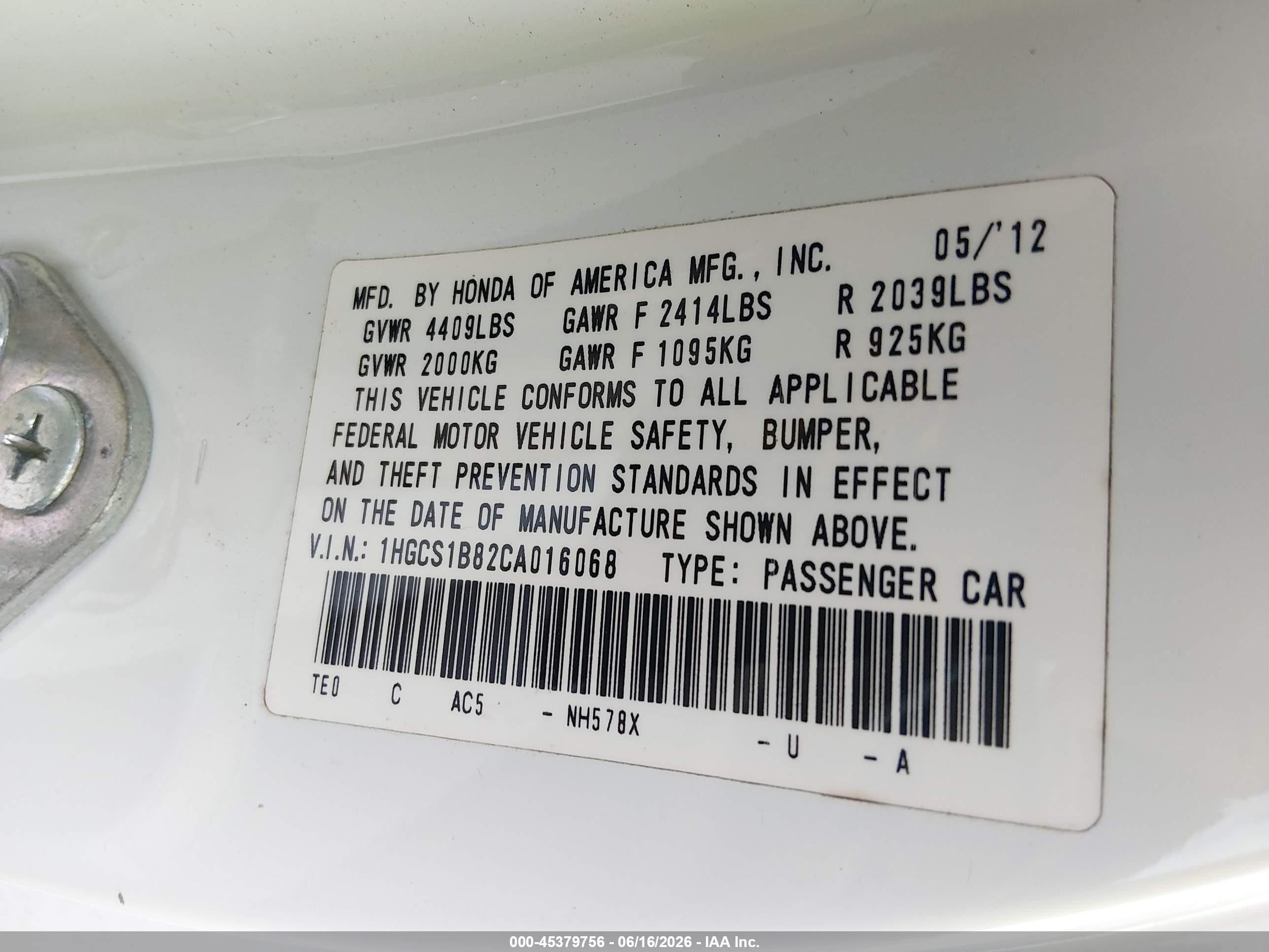 2012 Honda Accord 2.4 Ex-l White vin: 1HGCS1B82CA016068