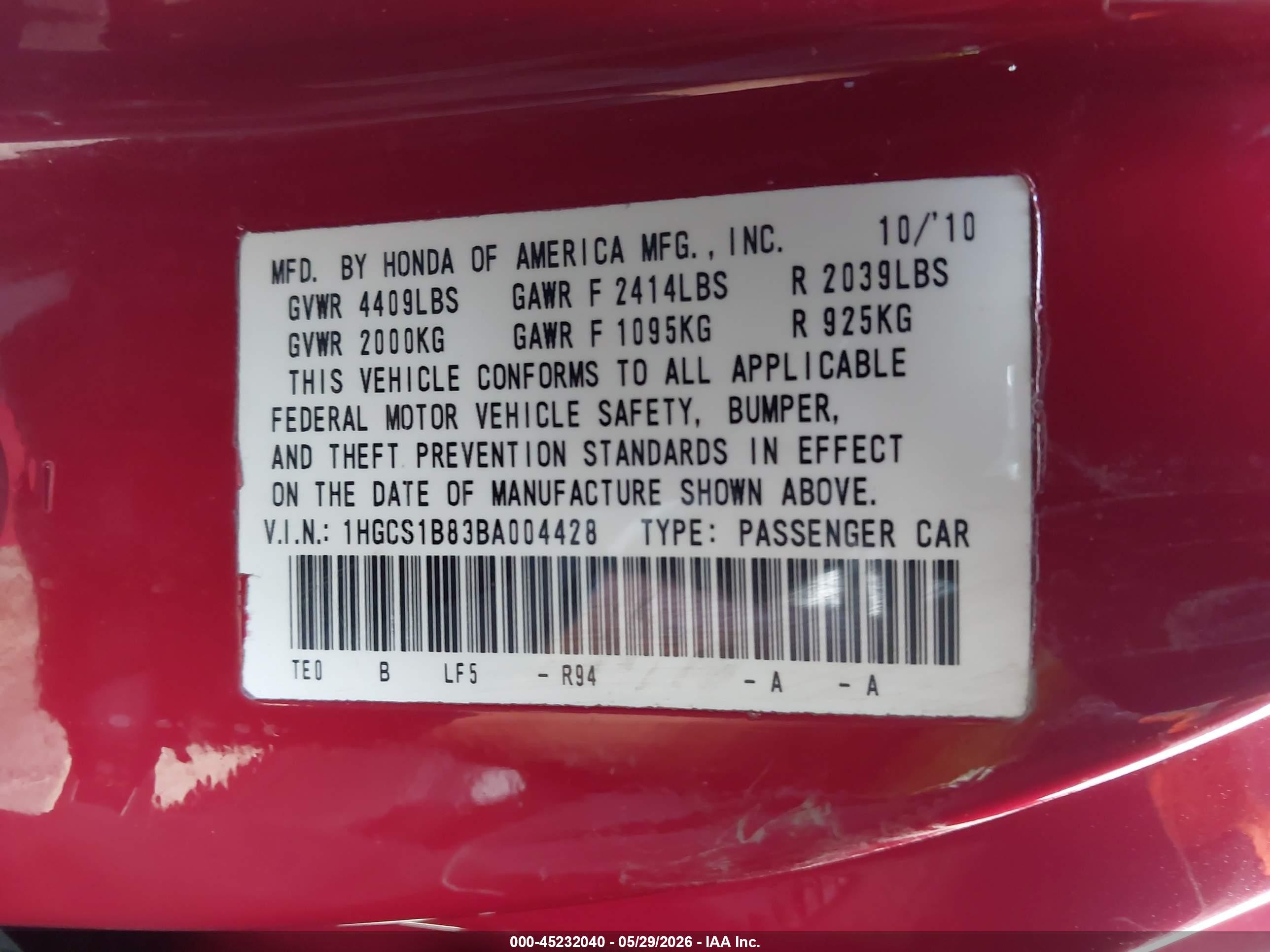 2011 Honda Accord 2.4 Ex-l Red vin: 1HGCS1B83BA004428