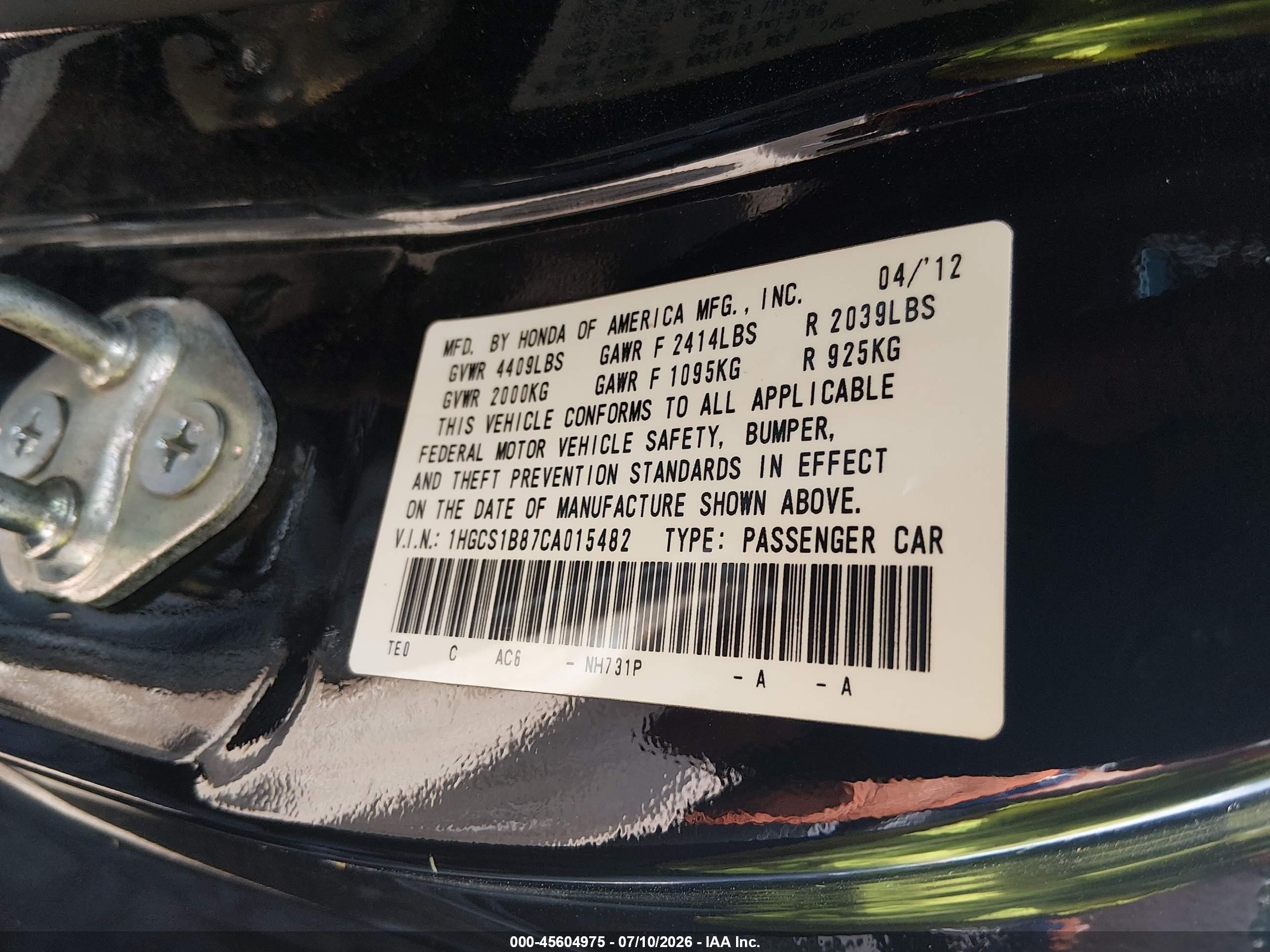 2012 Honda Accord 2.4 Ex-l Черный vin: 1HGCS1B87CA015482
