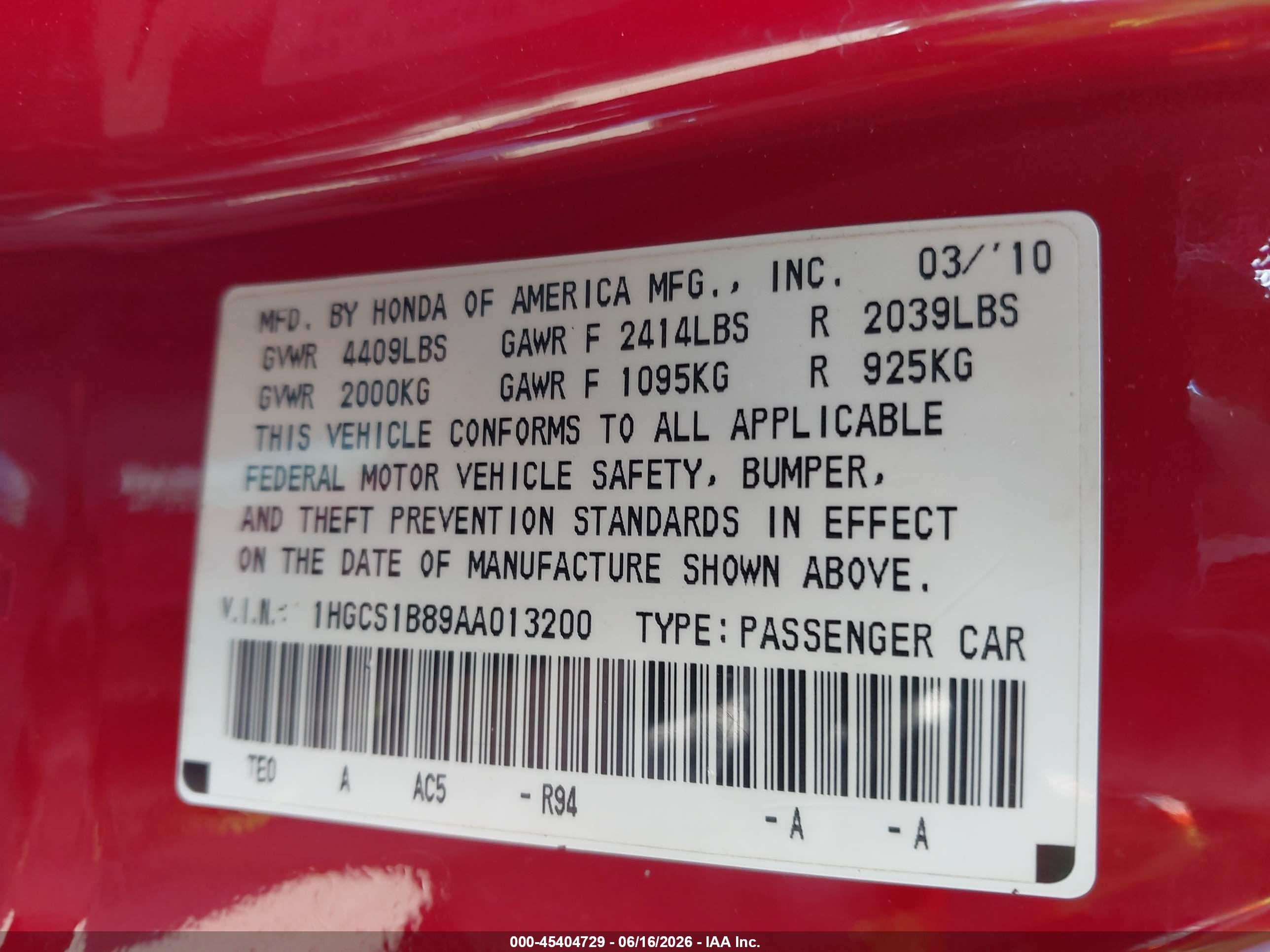 2010 Honda Accord 2.4 Ex-l Red vin: 1HGCS1B89AA013200