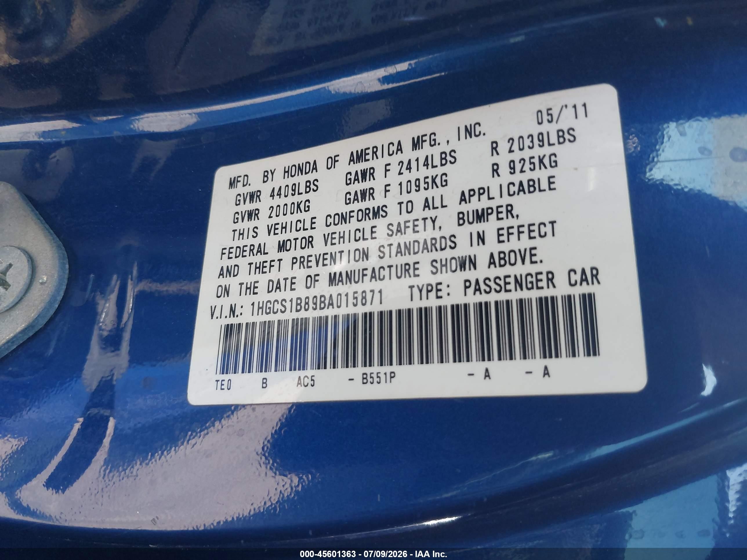 2011 Honda Accord 2.4 Ex-l Blue vin: 1HGCS1B89BA015871