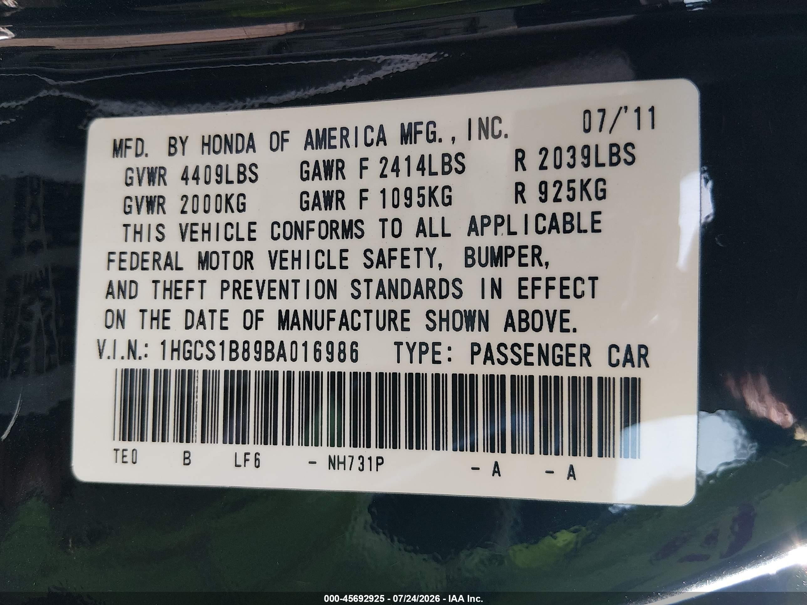 2011 Honda Accord 2.4 Ex-l Black vin: 1HGCS1B89BA016986