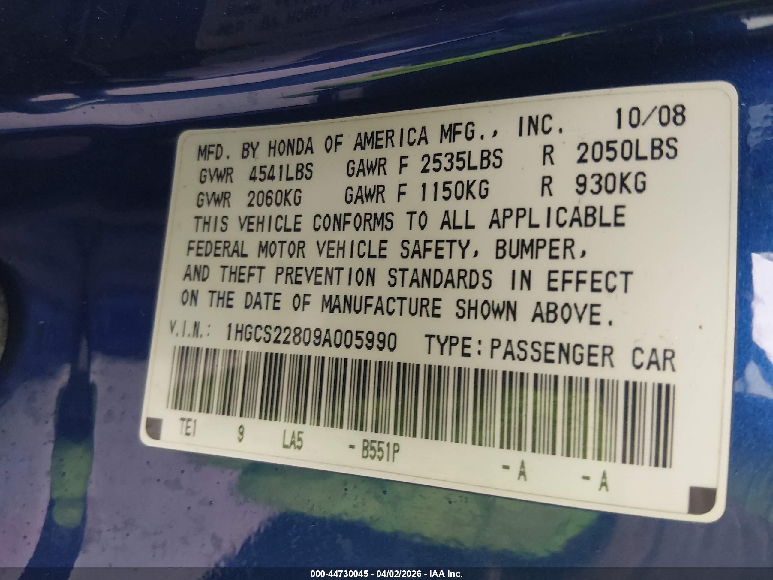 2009 Honda Accord 3.5 Ex-l Blue vin: 1HGCS22809A005990