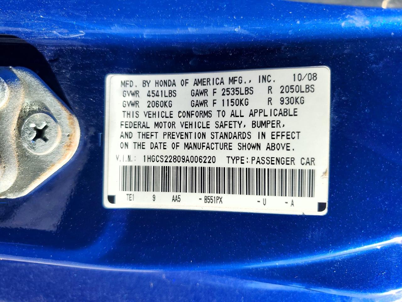 2009 Honda Accord Exl Blue vin: 1HGCS22809A006220
