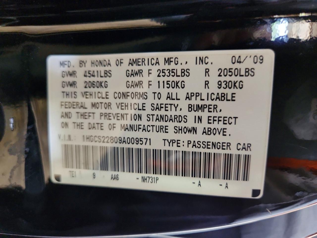 2009 Honda Accord Exl Black vin: 1HGCS22809A009571