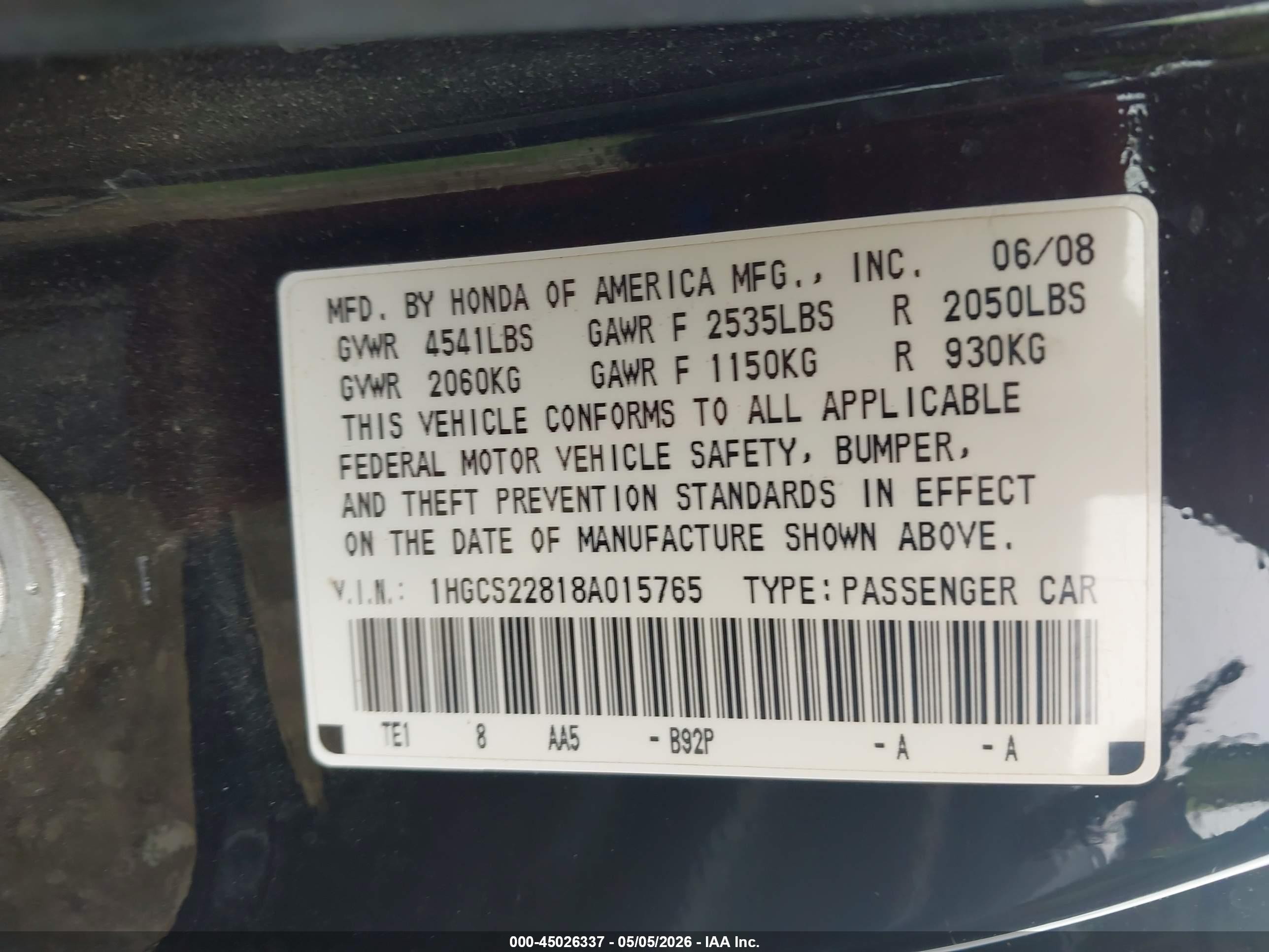 2008 Honda Accord 3.5 Ex-l Черный vin: 1HGCS22818A015765