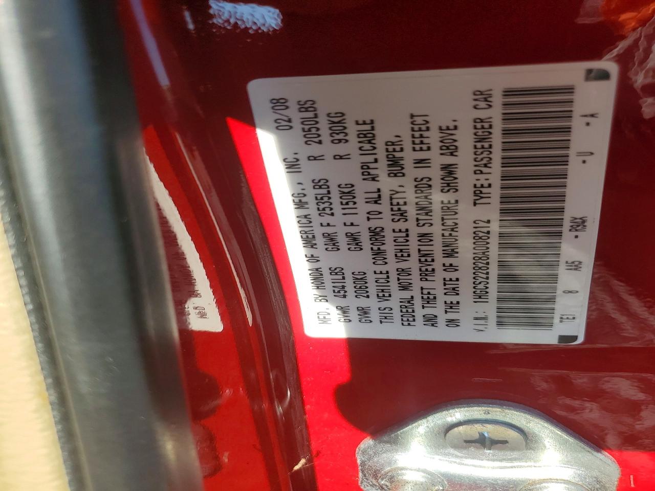 2008 Honda Accord Exl Red vin: 1HGCS22828A008212