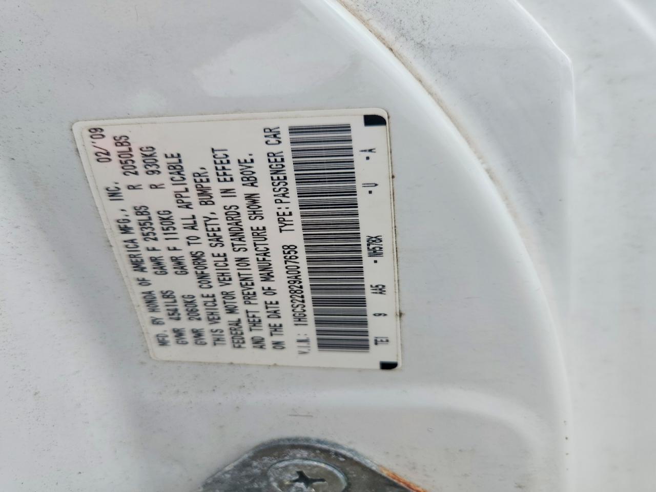 2009 Honda Accord Exl White vin: 1HGCS22829A007658