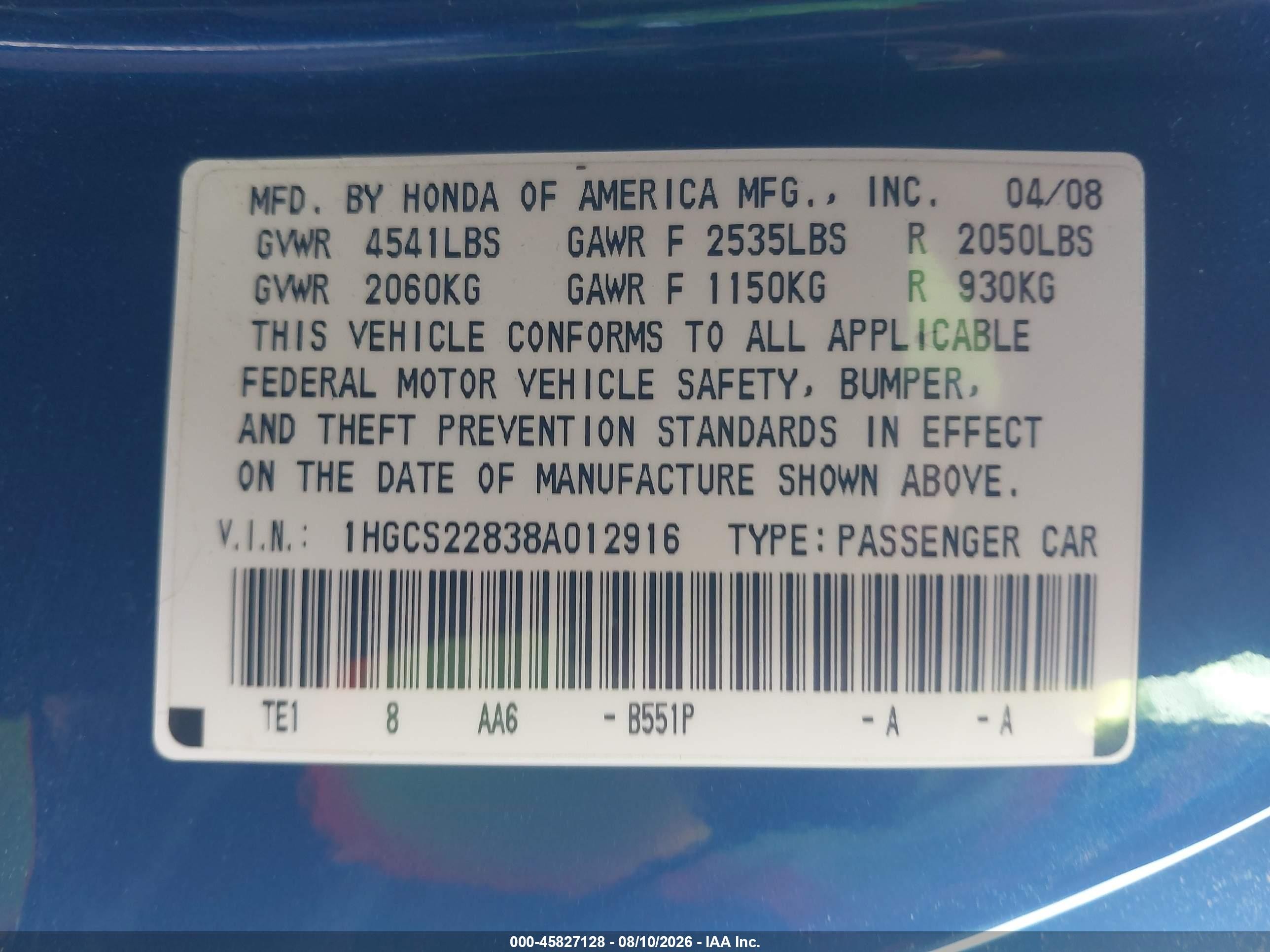 2008 Honda Accord 3.5 Ex-l Blue vin: 1HGCS22838A012916