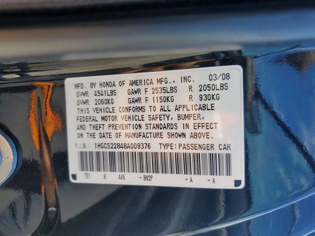 2008 Honda Accord Exl Черный vin: 1HGCS22848A009376